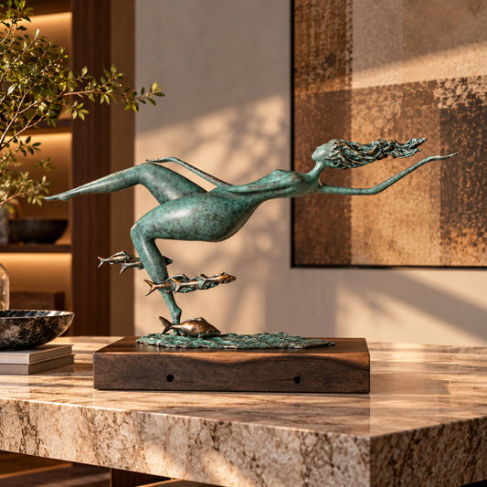 Abstract woman swimming with fish bronze sculpture displayed on a wooden cabinet in a warm modern interior
