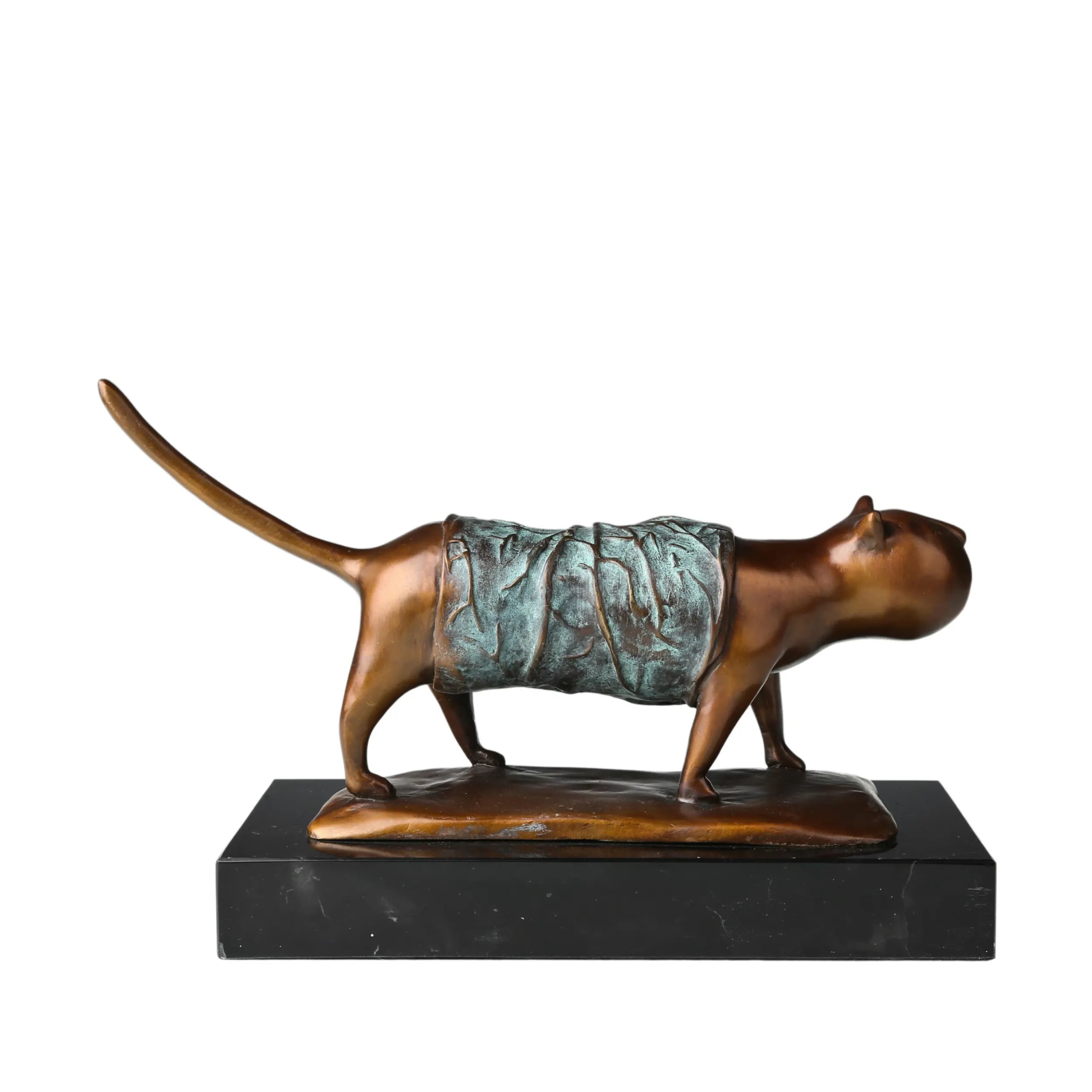 Abstract walking cat bronze sculpture with elongated body and green patina