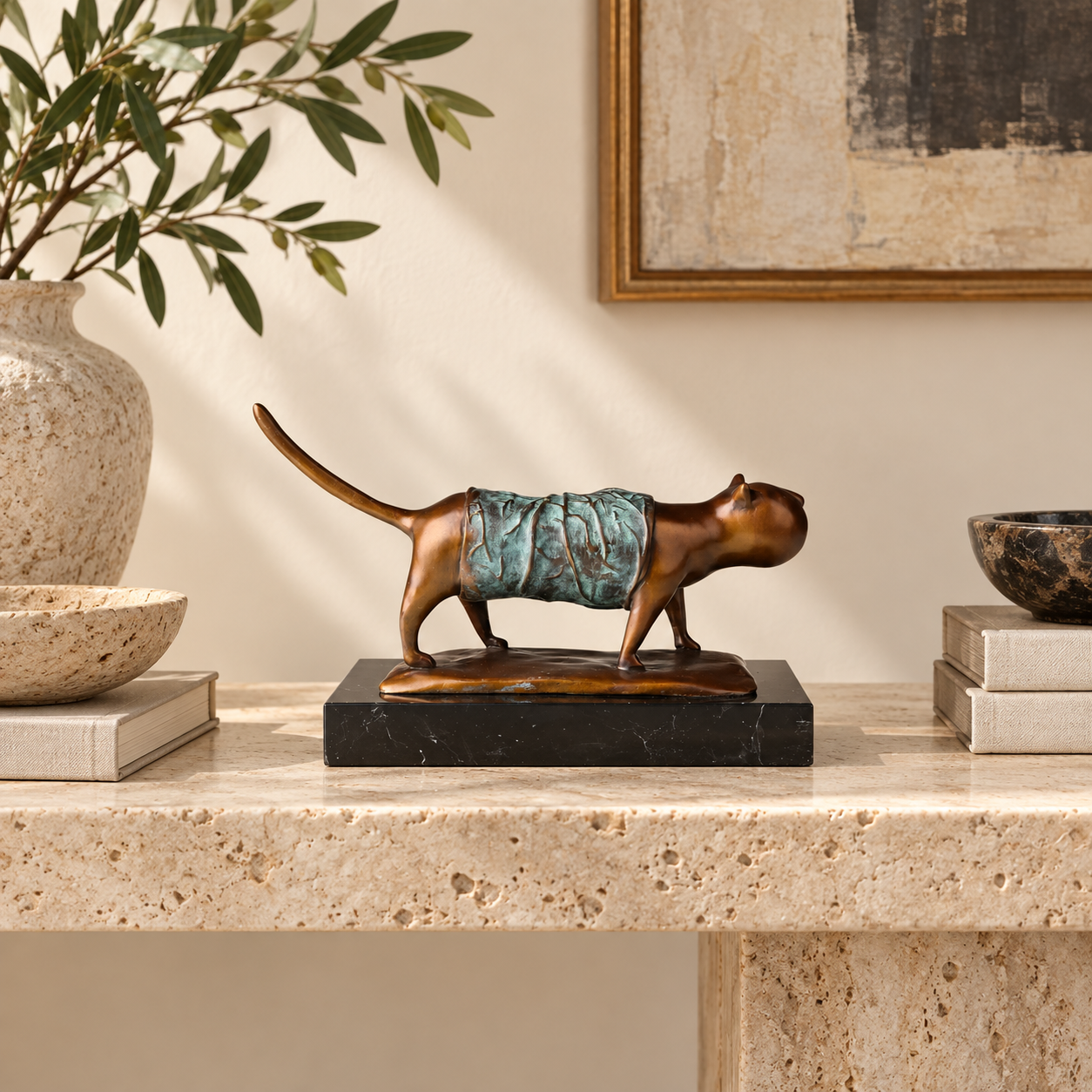 Abstract Walking Decorative Cat bronze sculpture displayed in a minimalist interior