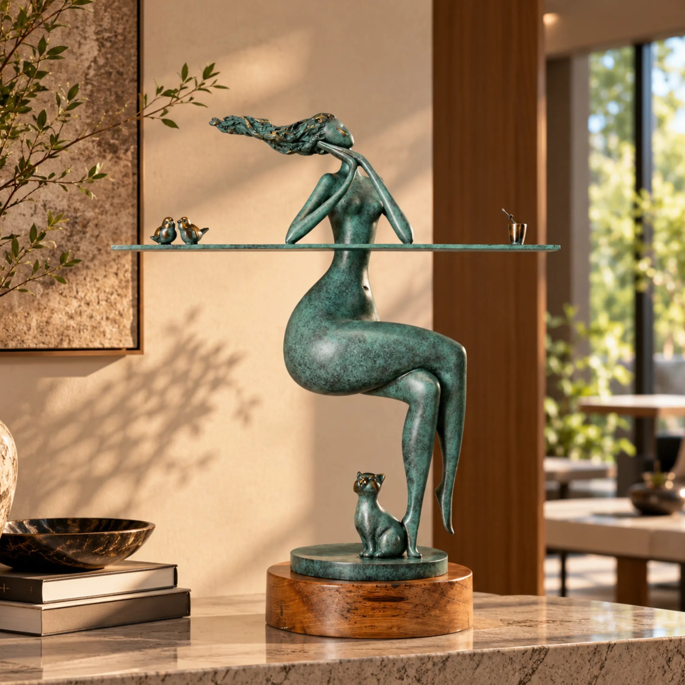 Abstract seated woman with birds and cat bronze sculpture displayed on a marble console in a warm modern interior
