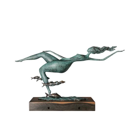 Abstract female swimmer bronze sculpture with flowing hair, surrounding fish and a rectangular wooden base