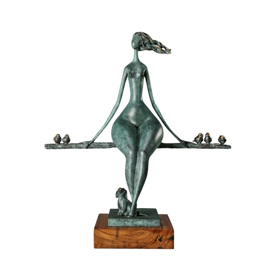 Abstract seated woman bronze sculpture with five birds, a small dog, and a wooden base