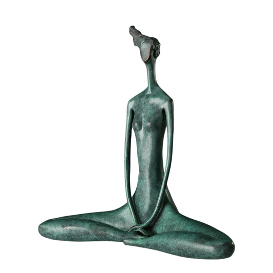 Abstract yoga woman bronze sculpture with folded legs, long neck, and green patina