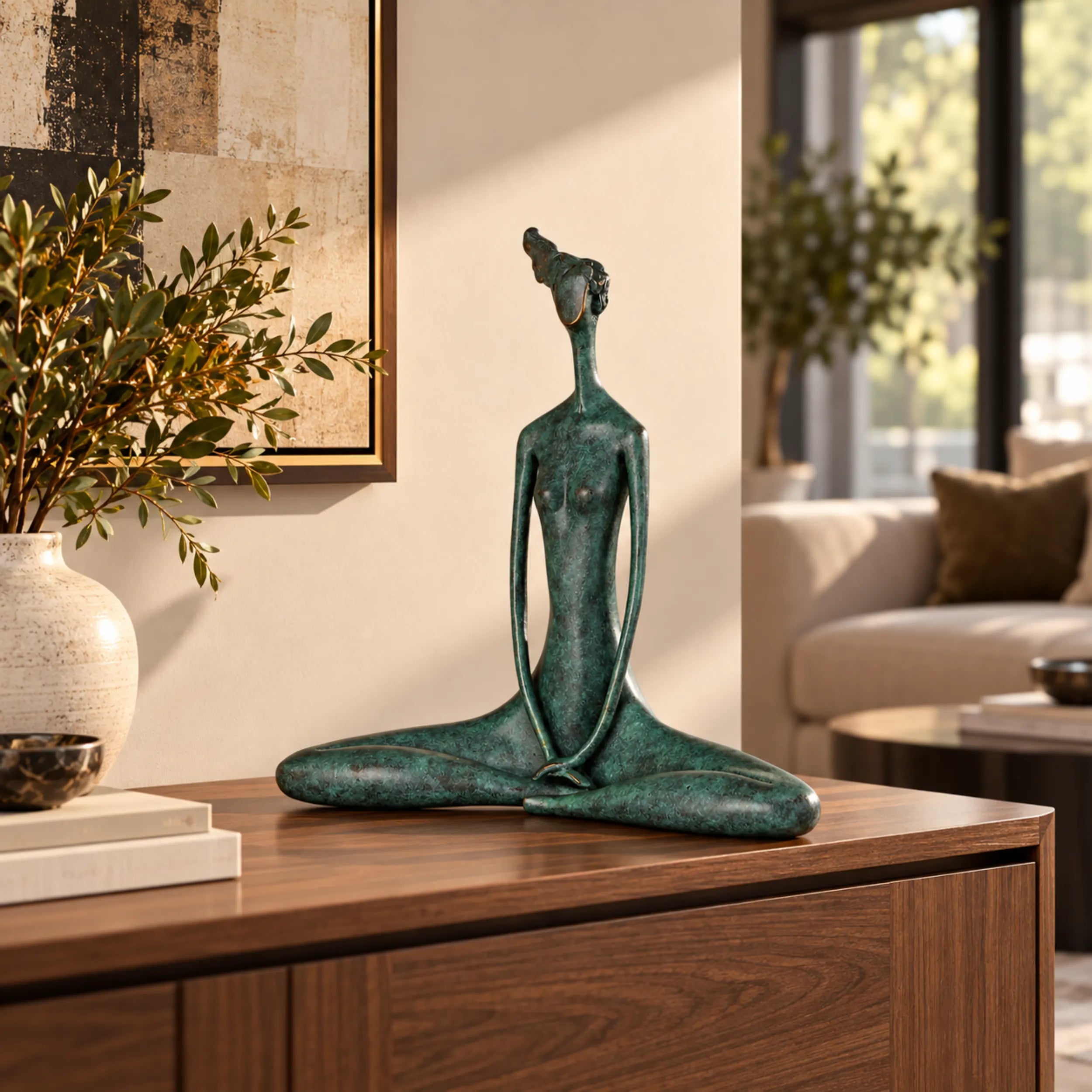 Abstract green patina yoga woman bronze sculpture displayed in a peaceful modern meditation room