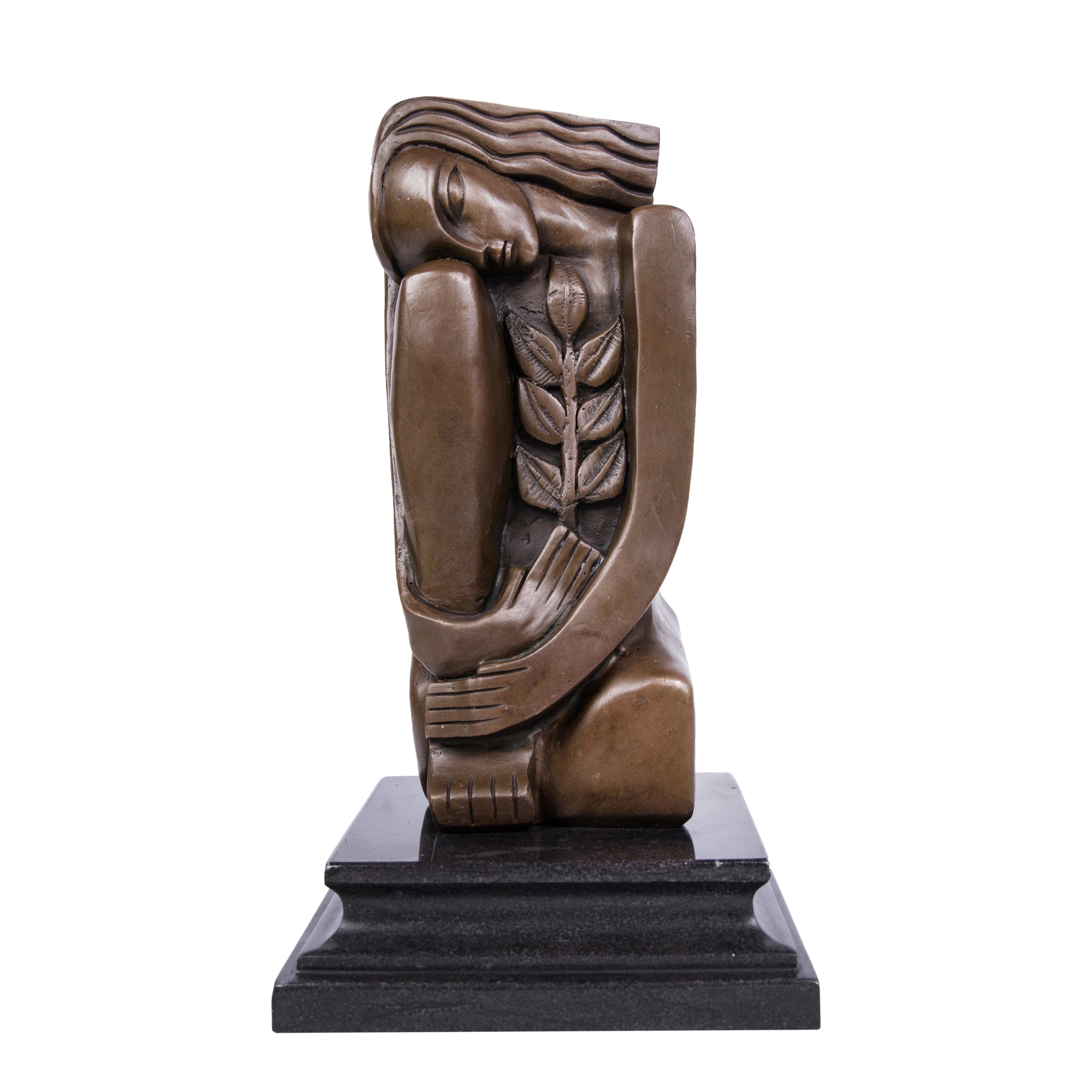 Art Deco seated female bronze sculpture with geometric design and olive branch detail