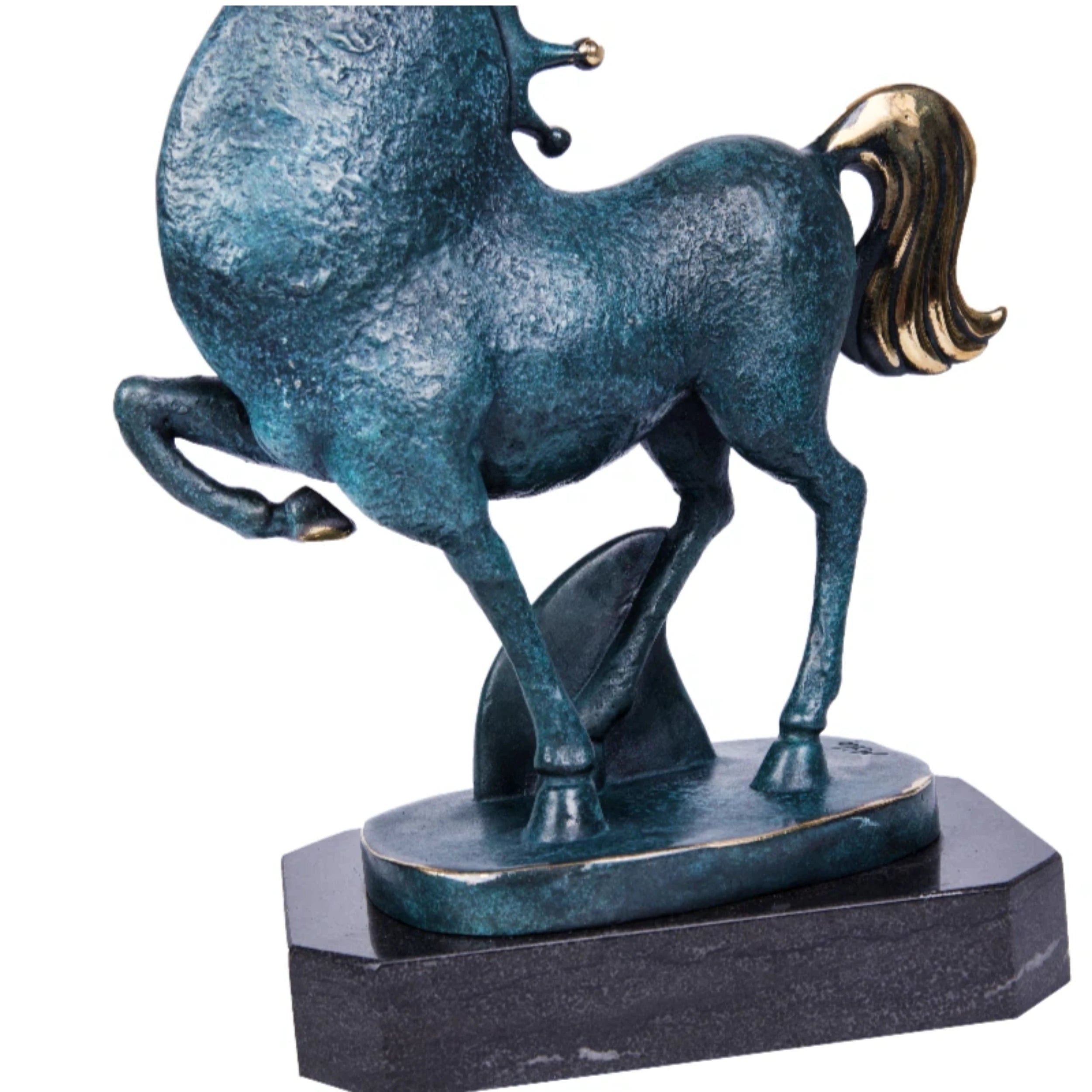 Abstract Turquoise Bronze Horse Statue with gold accents. A modern symbol of luck, prosperity, and joyful energy for stylish interiors.