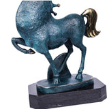 Abstract Turquoise Bronze Horse Statue with gold accents. A modern symbol of luck, prosperity, and joyful energy for stylish interiors.