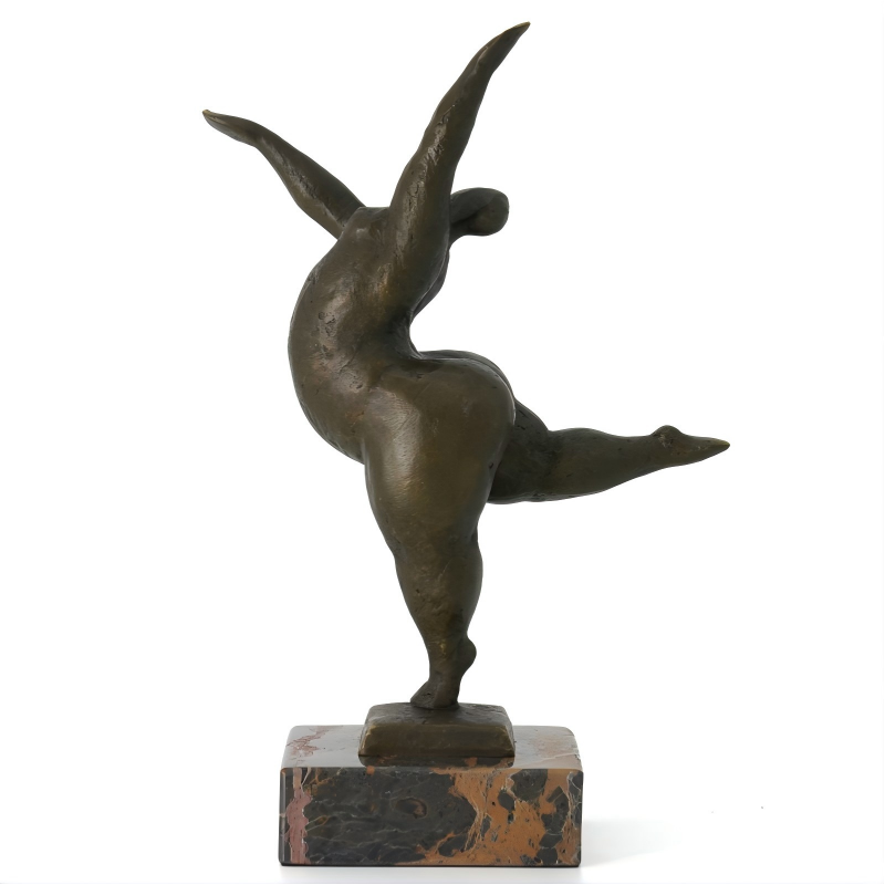 This abstract bronze sculpture portrays a plump dancer in a dynamic, expressive posture. The flowing lines and simplified form emphasize movement and rhythm rather than realistic detail, highlighting the dancer’s confident stretch and free-spirited vitality.
