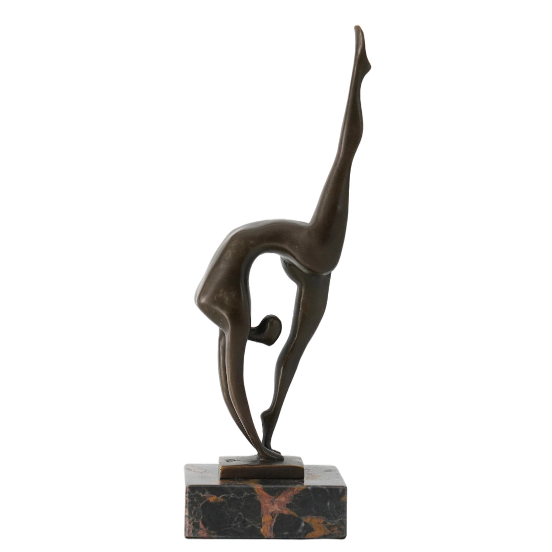 This abstract dancer bronze sculpture features a highly stretched pose formed with minimalist lines, expressing strong movement and artistic tension. Crafted in bronze with a vintage metal finish, it combines lightness and strength, making it an ideal accent for modern art-inspired interiors.