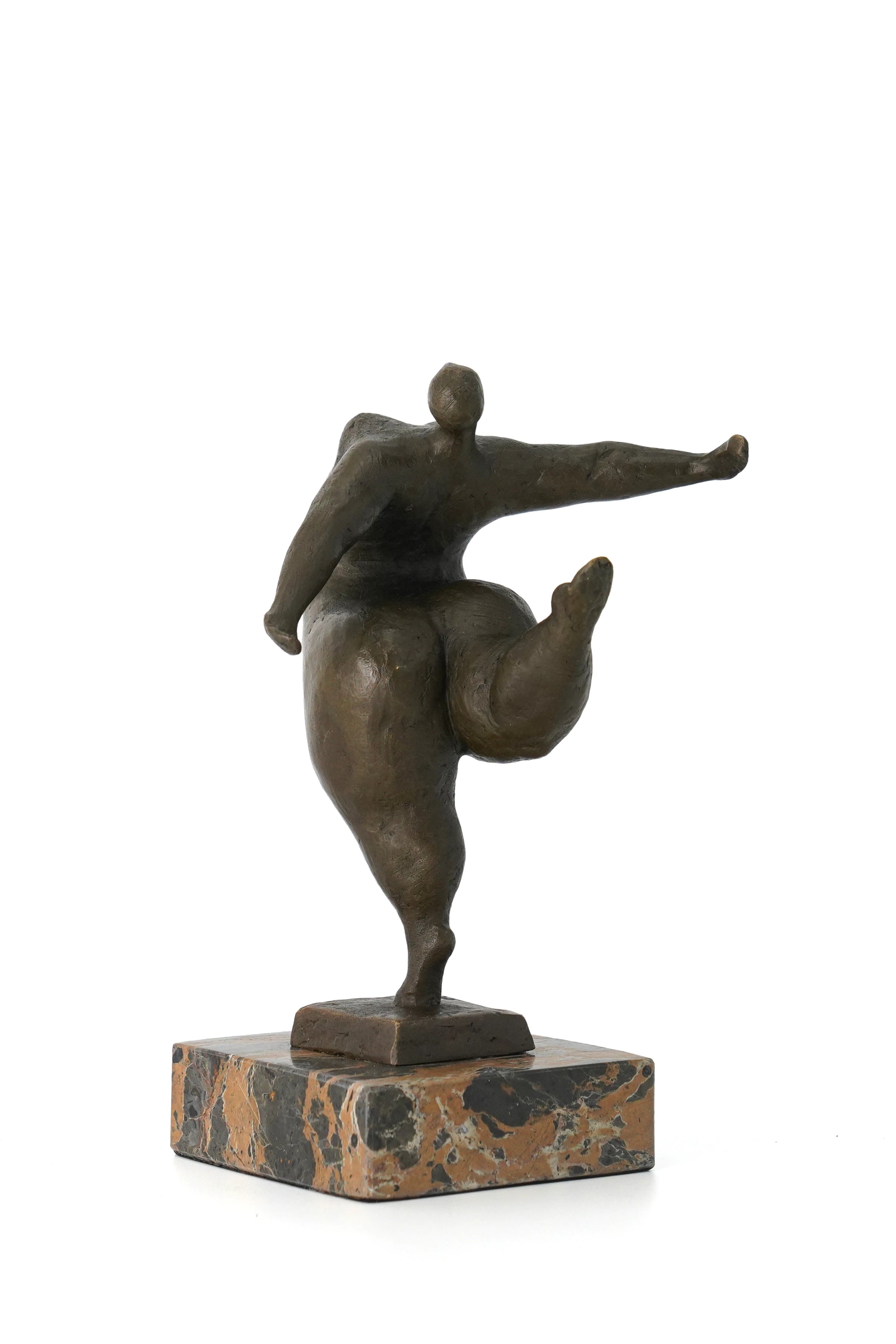 Modern dancing figure bronze statue with rounded abstract form on marble base, contemporary home decor