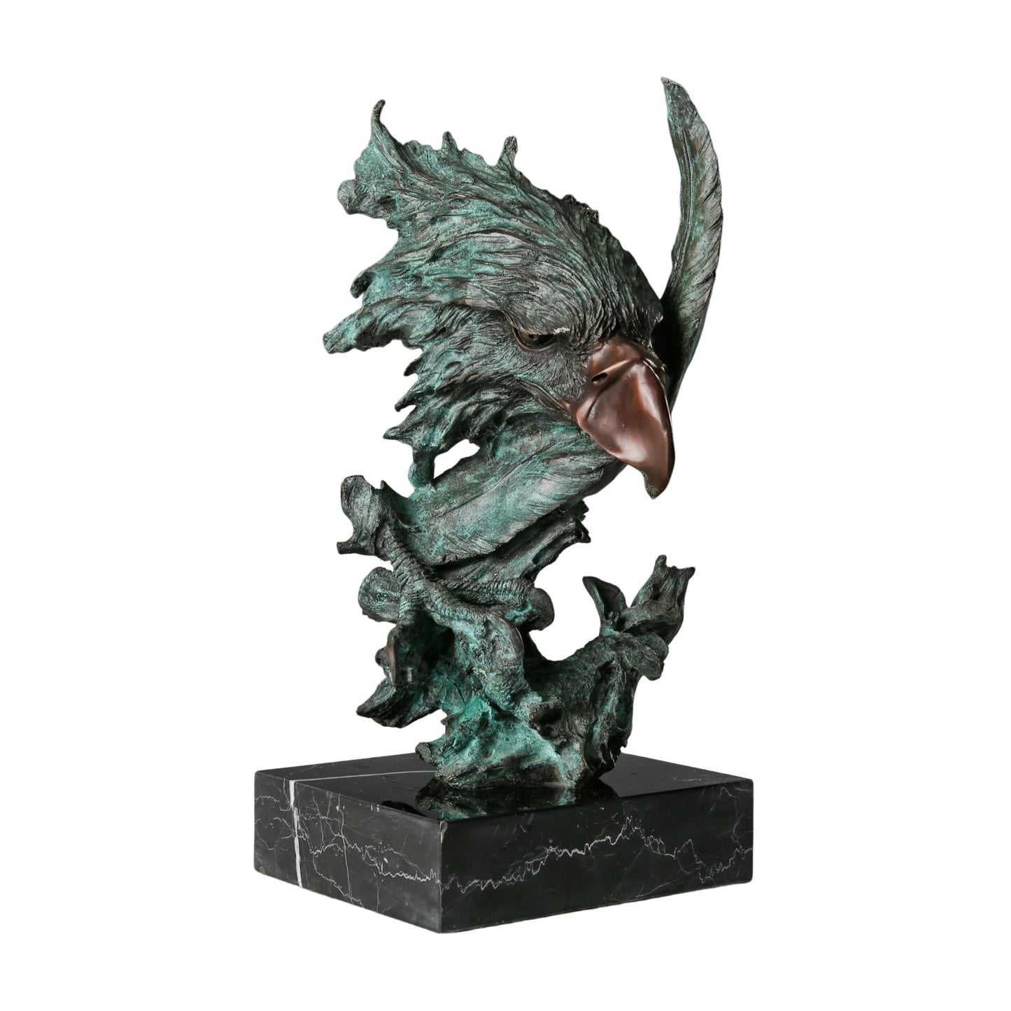 Abstract bronze eagle head sculpture with striking verdigris patina and marble base. A bold wildlife statue symbolizing freedom, strength, and vision.