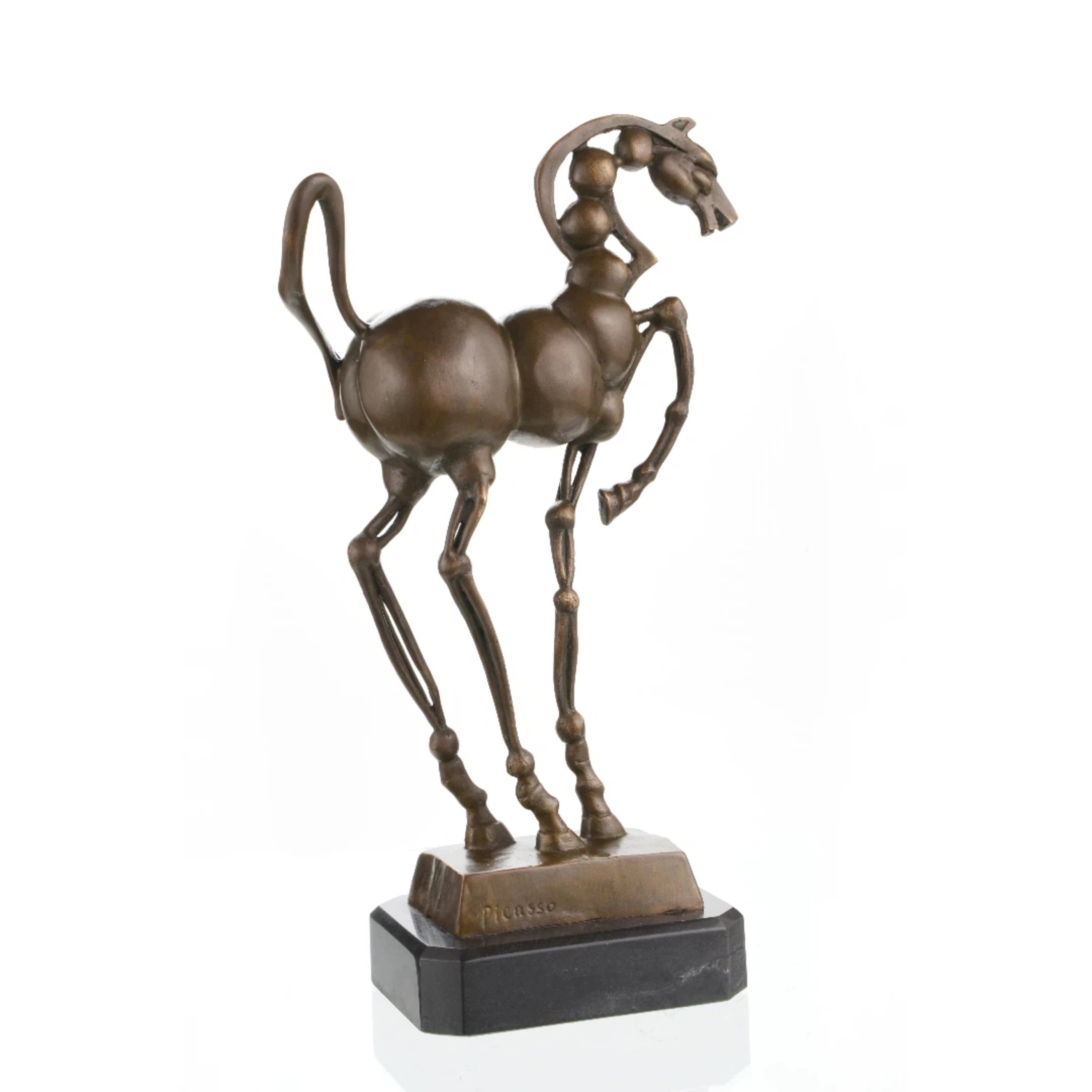 Abstract constructivist bronze horse sculpture with spherical joints, modern equine statue on black marble base, 2026 Year of the Horse symbolic art.