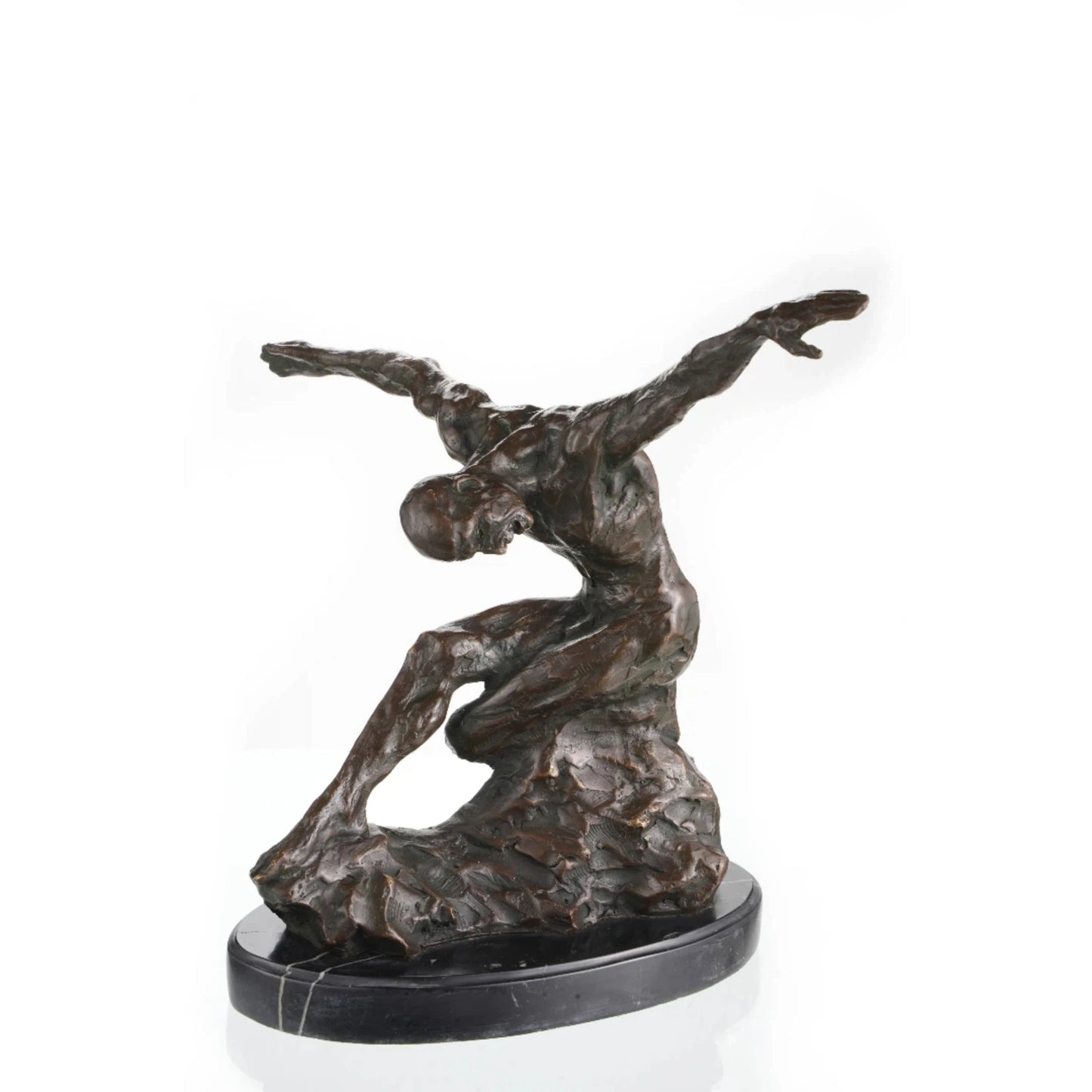 Expressionist bronze sculpture of a crouching male figure with dynamic movement and raw texture. A powerful statement piece exploring human emotion and physicality.