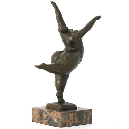 This abstract bronze sculpture portrays a plump dancer in a dynamic, expressive posture. The flowing lines and simplified form emphasize movement and rhythm rather than realistic detail, highlighting the dancer’s confident stretch and free-spirited vitality. The warm bronze finish adds artistic depth, making the piece a striking accent for art-inspired interiors.
