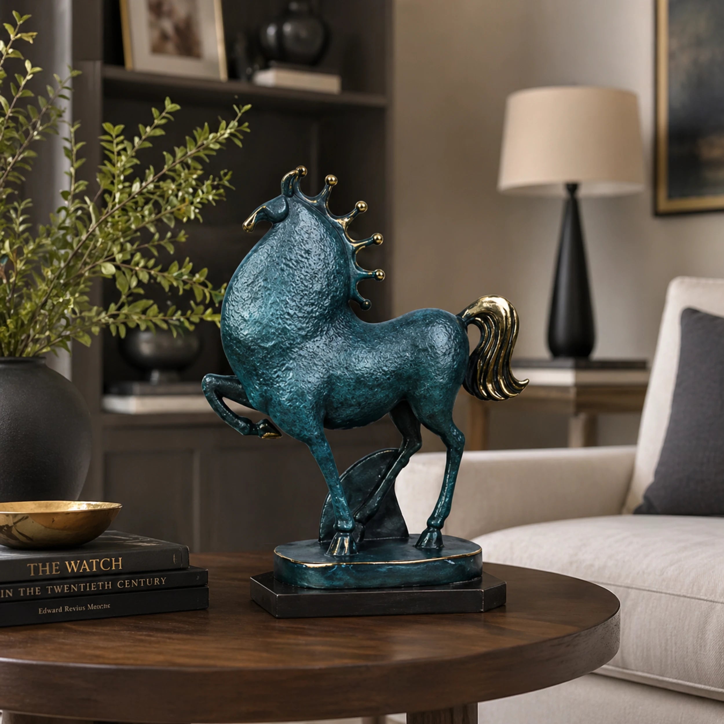 abstract turquoise bronze horse sculpture with gold accents. A modern symbol of luck, prosperity, and joyful energy for stylish interiors.