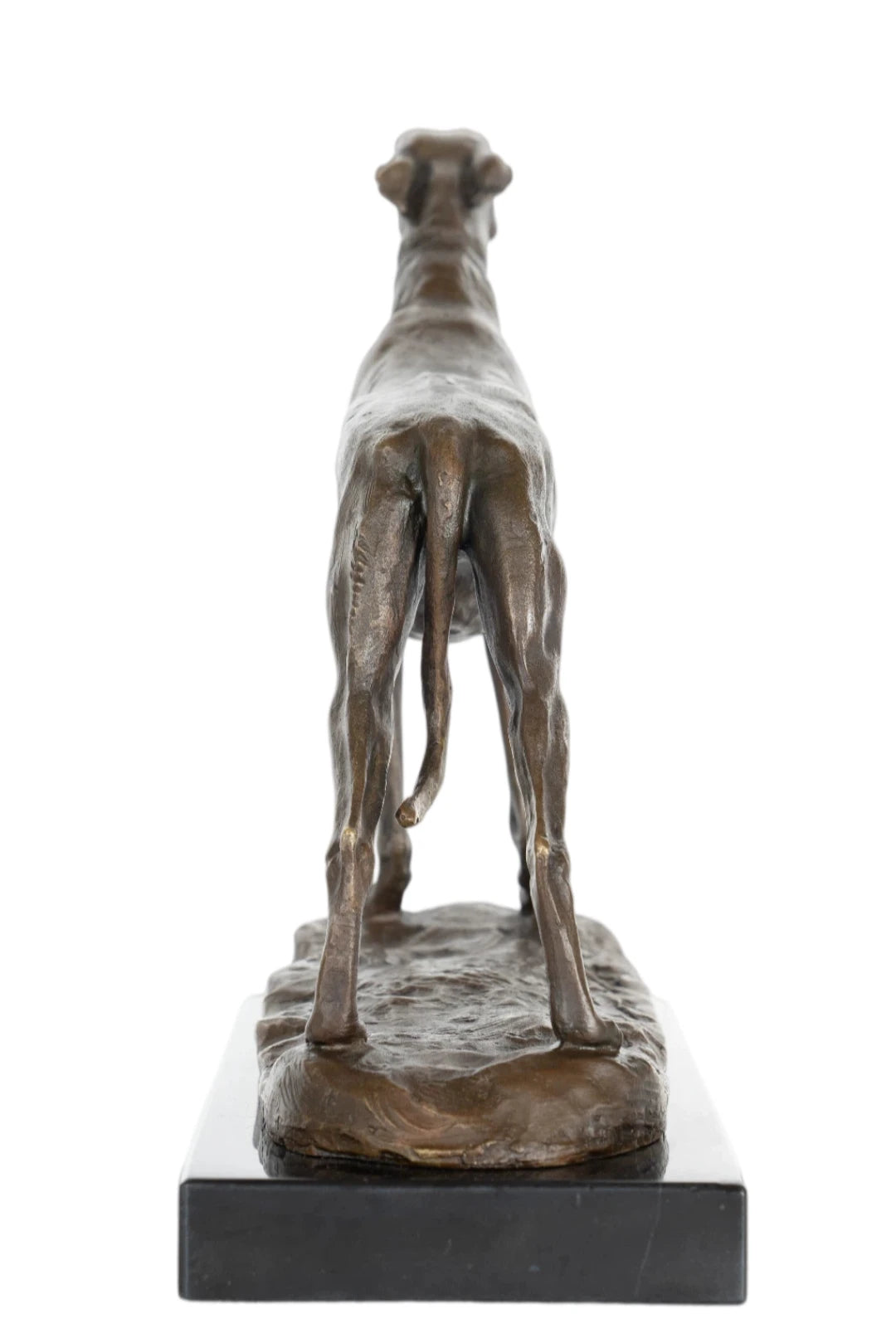 an elegant bronze sculpture of a greyhound, crafted using the lost-wax casting method . The piece captures the dog in a poised, alert stance, with its head held high and body stretched forward, conveying the breed’s characteristic grace, speed, and athleticism. The rich, warm bronze patina accentuates the dog’s lean, muscular physique, the smooth texture of its short coat, and the delicate details of its collar.