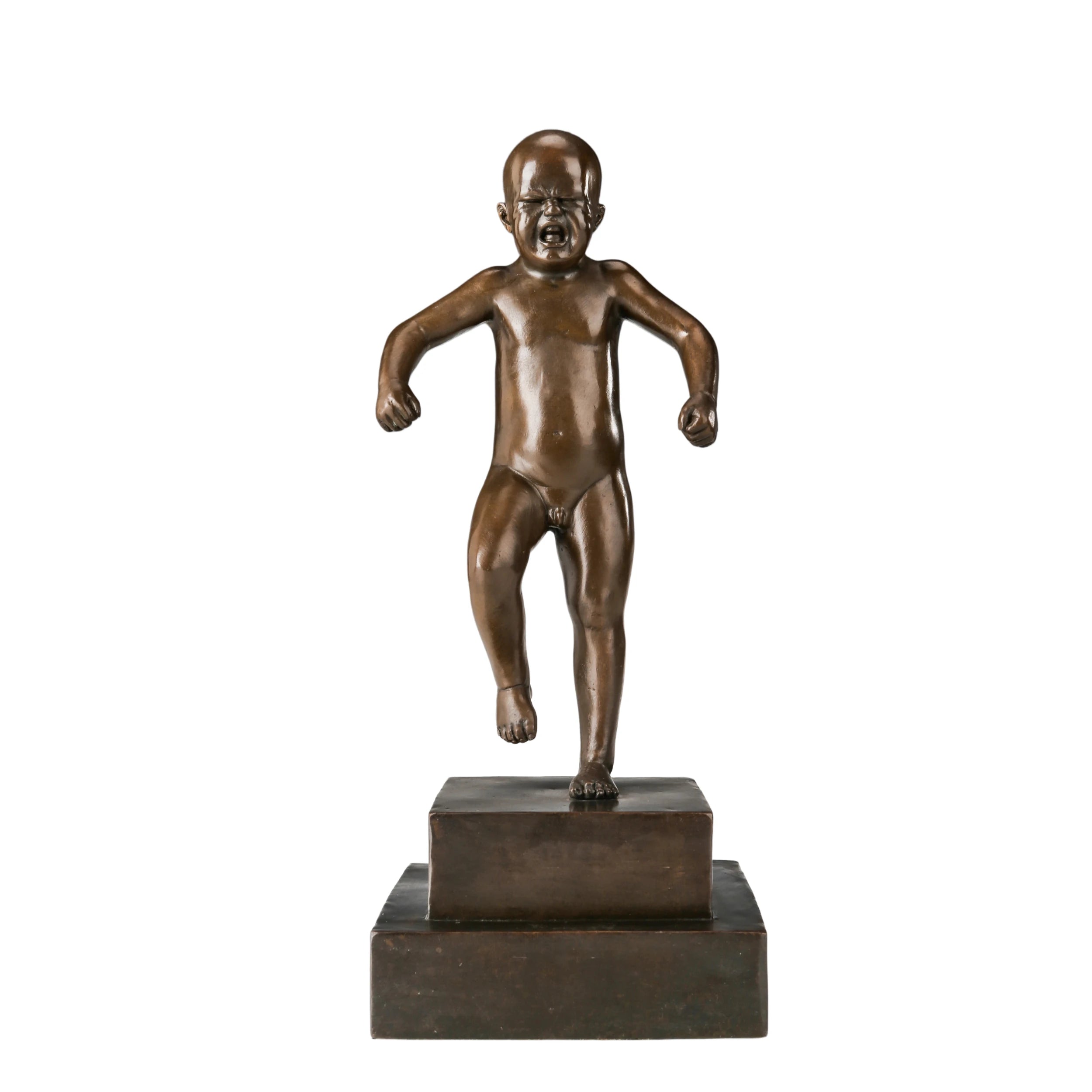 Handcrafted angry boy bronze sculpture with clenched fists and expressive face