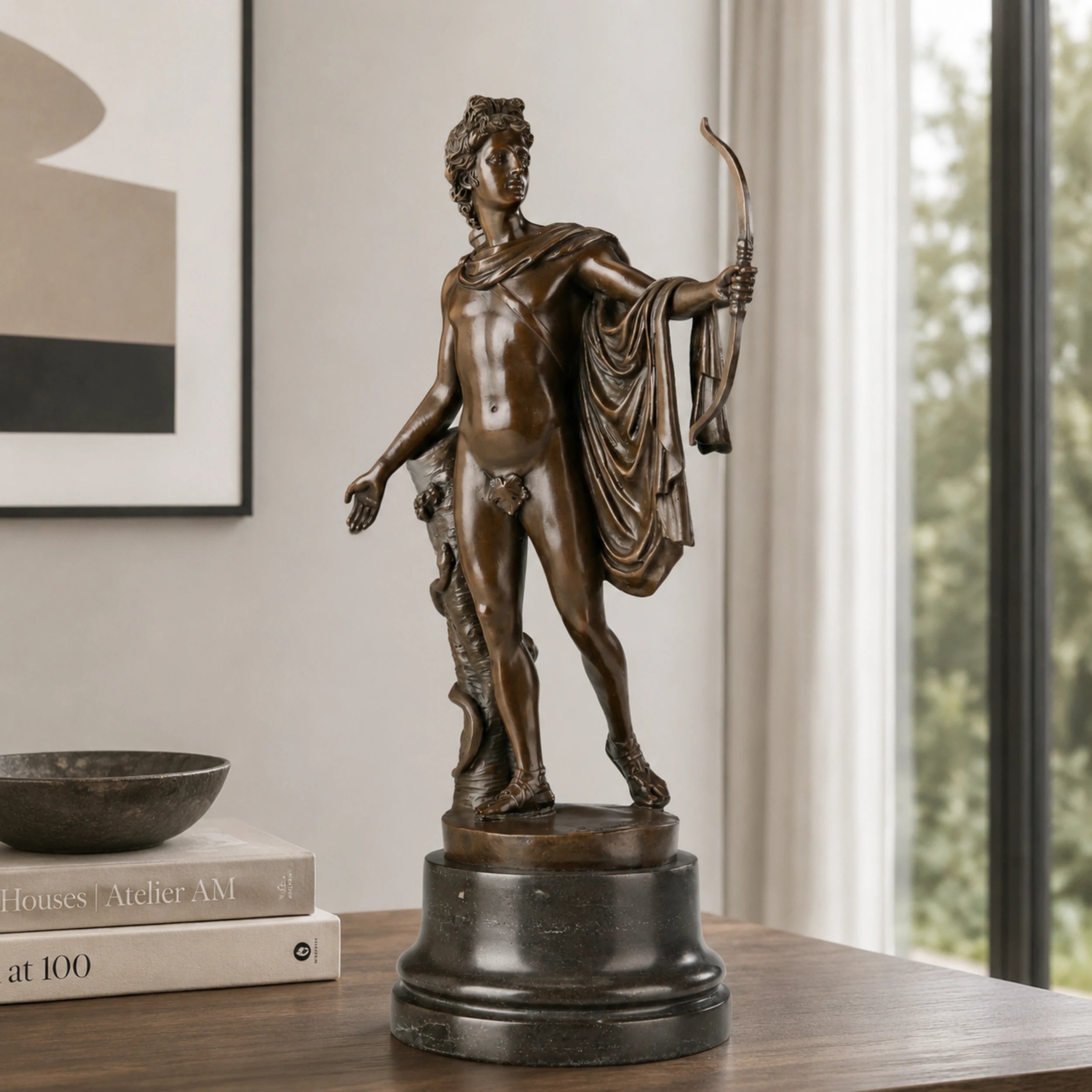 Apollo bronze sculpture displayed in a luxury classical interior