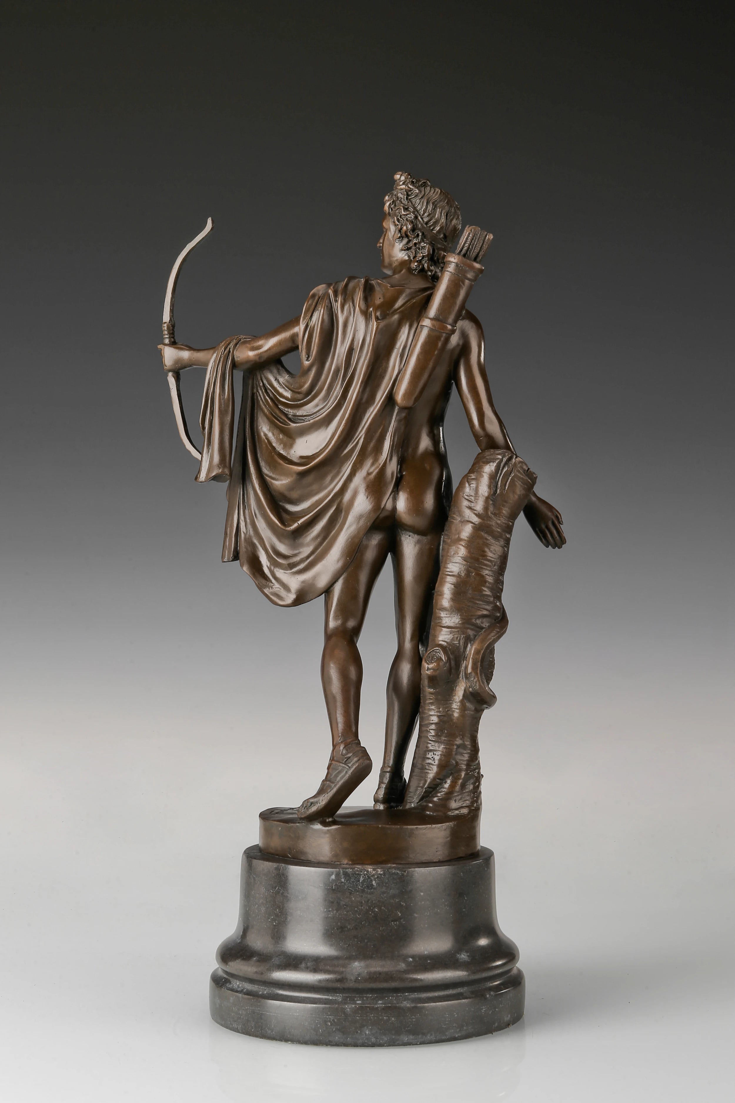 Back view showing details of Apollo bronze sculpture