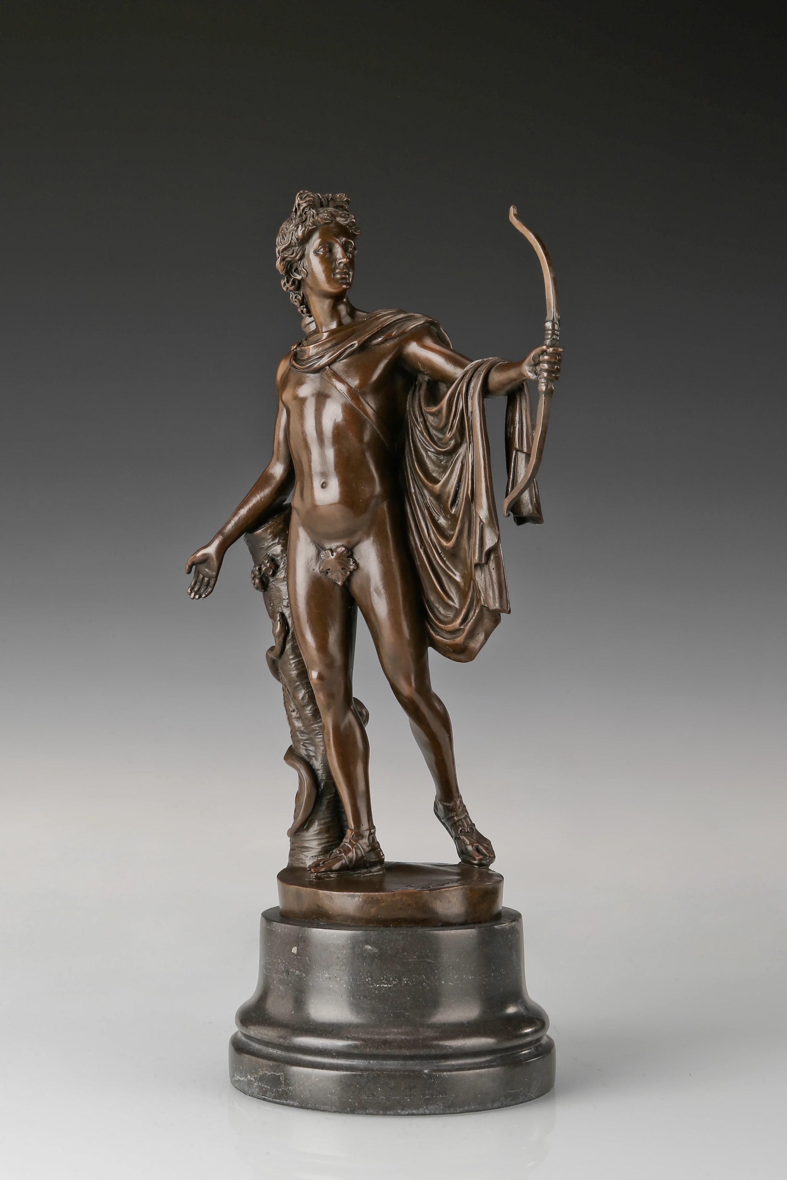 Three quarter view of handcrafted Apollo bronze statue