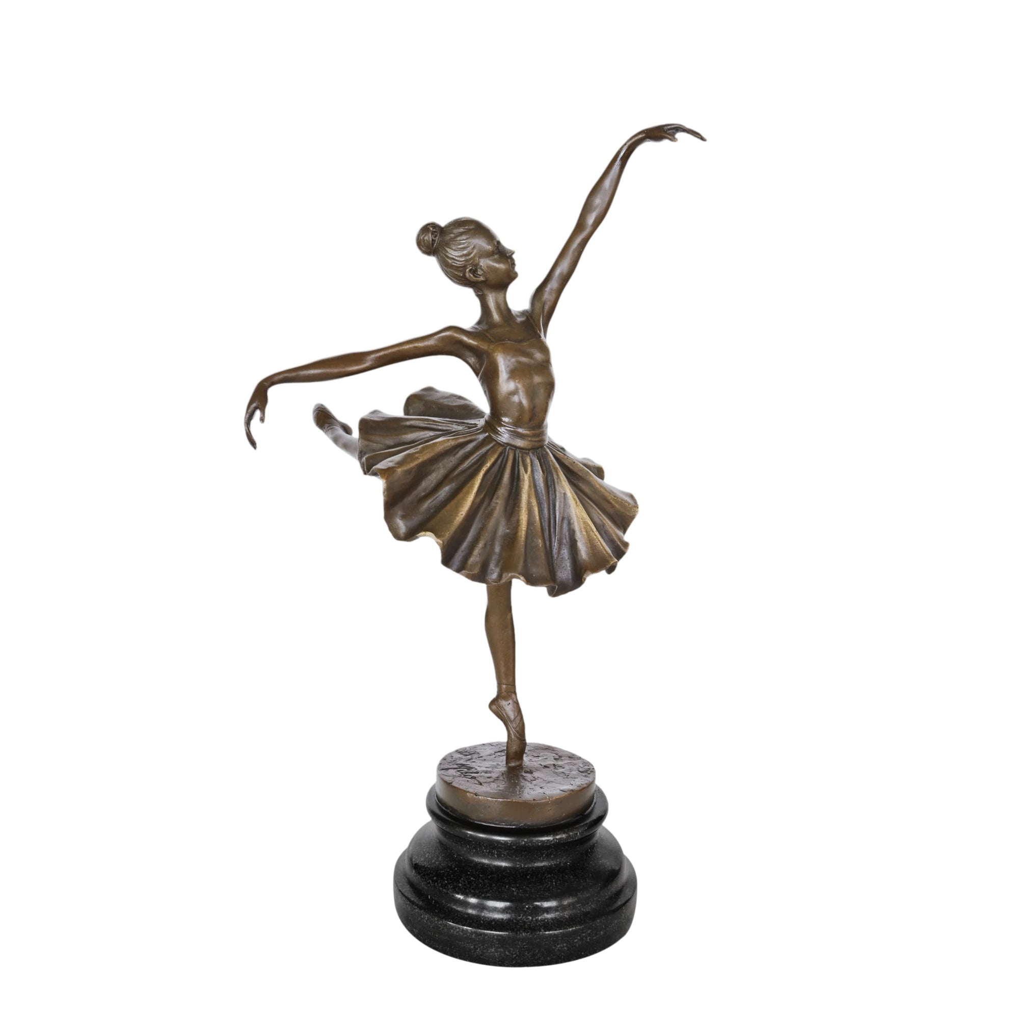 Front view of arabesque ballerina bronze sculpture with one leg extended backward and one arm raised