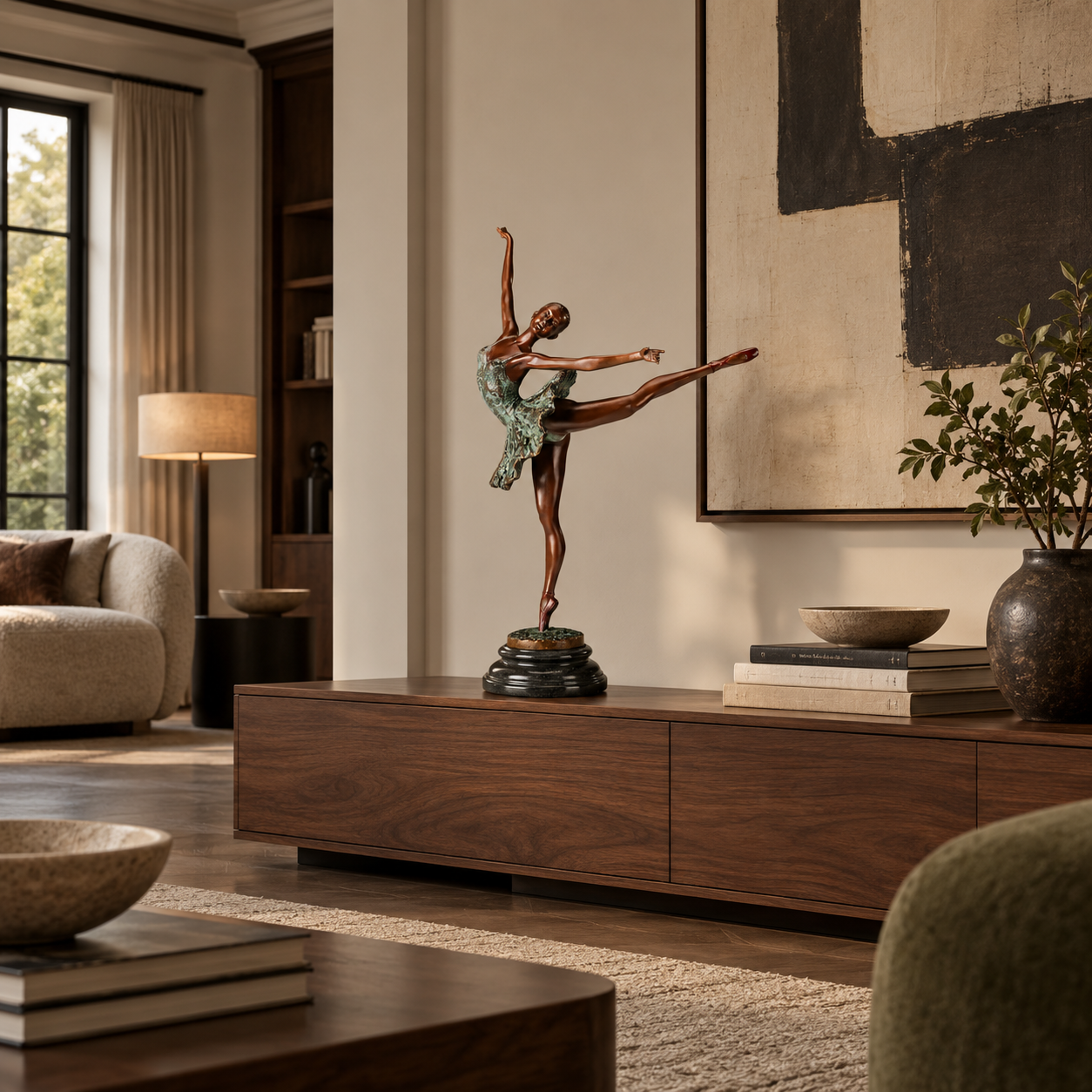 Arabesque Ballerina bronze sculpture displayed in a refined interior