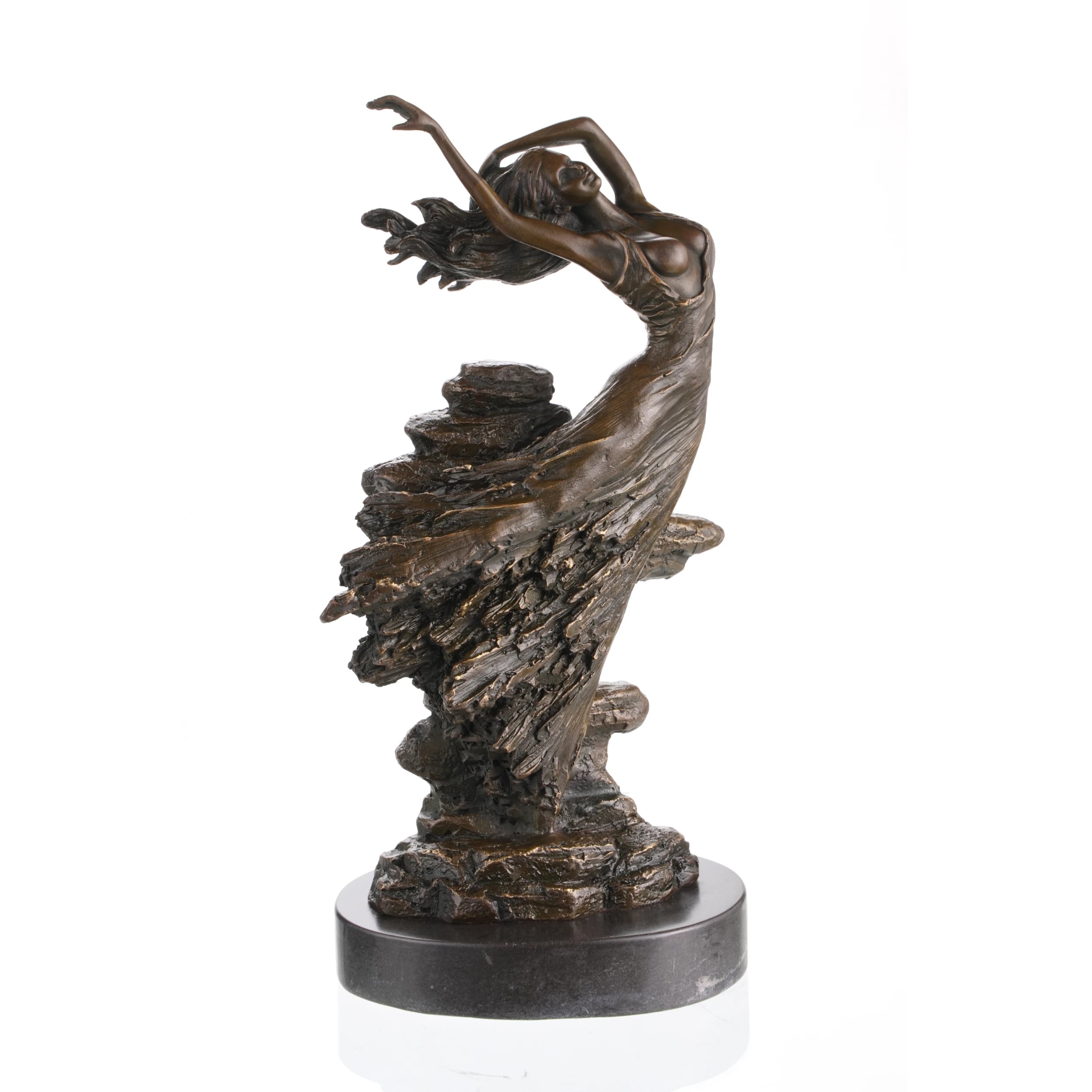 Art Nouveau bronze dancing maiden sculpture mid-leap, fluid motion woman statue on black marble base, elegant interior art.