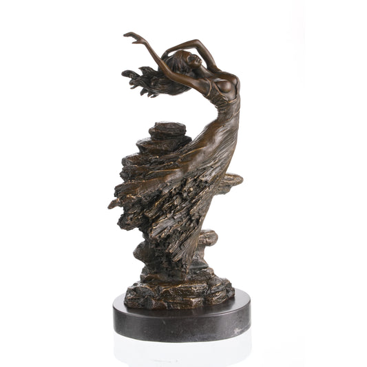 Art Nouveau bronze dancing maiden sculpture mid-leap, fluid motion woman statue on black marble base, elegant interior art.