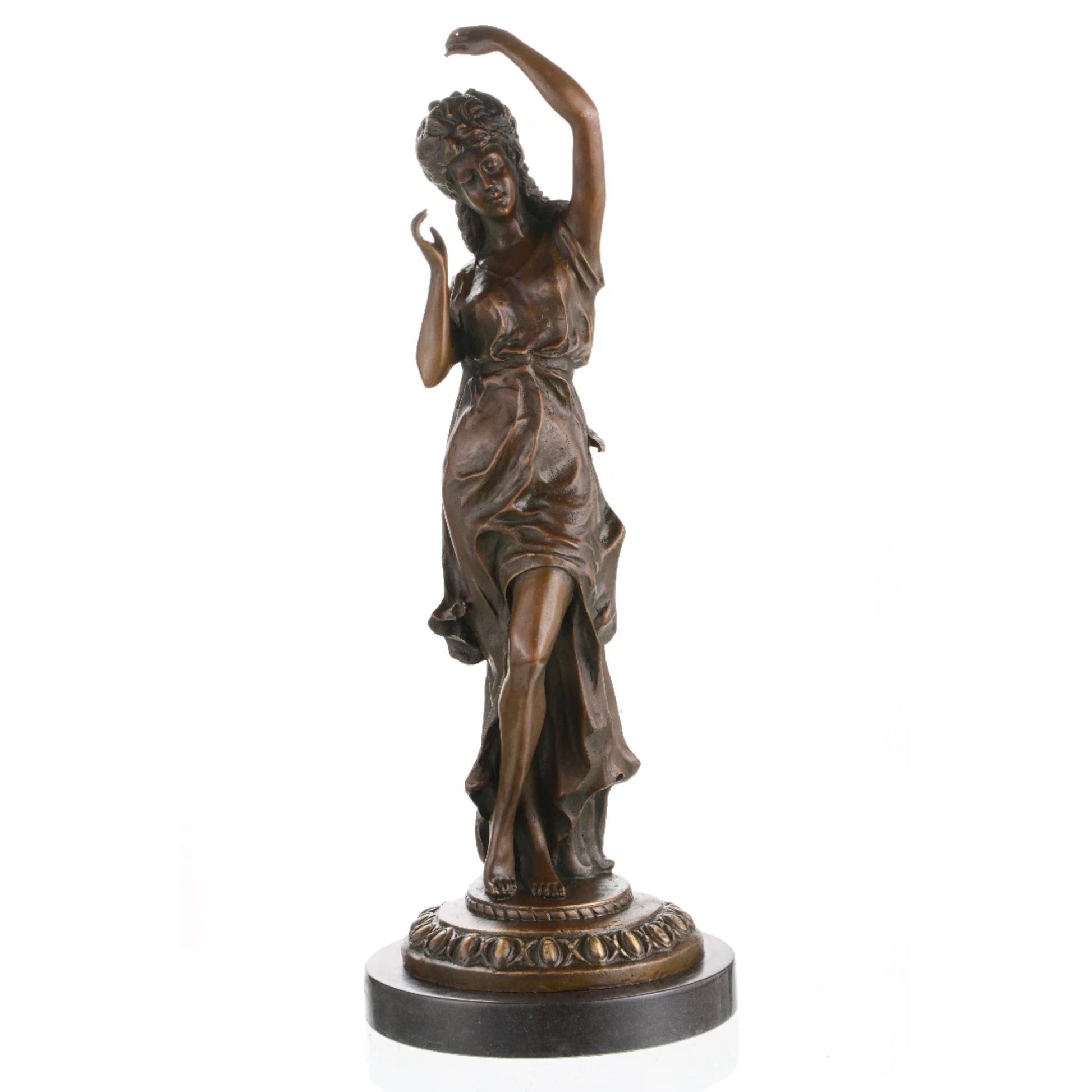 Elegant Art Nouveau bronze dancing maiden sculpture with flowing gown and raised arms, graceful female figure on round black marble base, loss wax casting fine art.