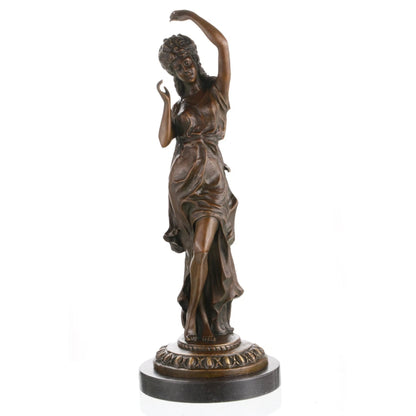Elegant Art Nouveau bronze dancing maiden sculpture with flowing gown and raised arms, graceful female figure on round black marble base, loss wax casting fine art.