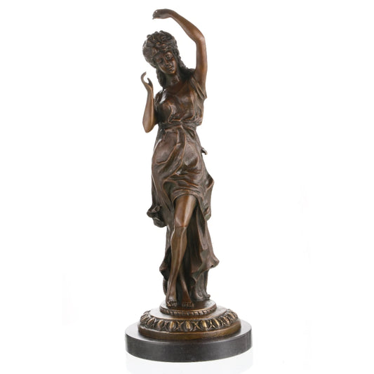 Elegant Art Nouveau bronze dancing maiden sculpture with flowing gown and raised arms, graceful female figure on round black marble base, loss wax casting fine art.