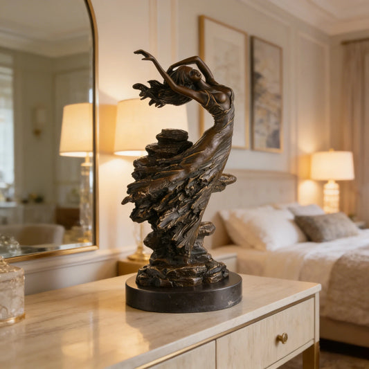 Art Nouveau dancing maiden bronze sculpture displayed in an elegant modern interior