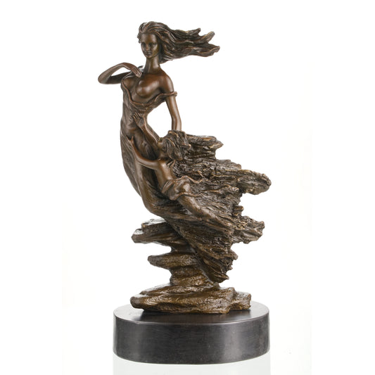 Art Nouveau mother and child bronze sculpture with flowing design on black marble base