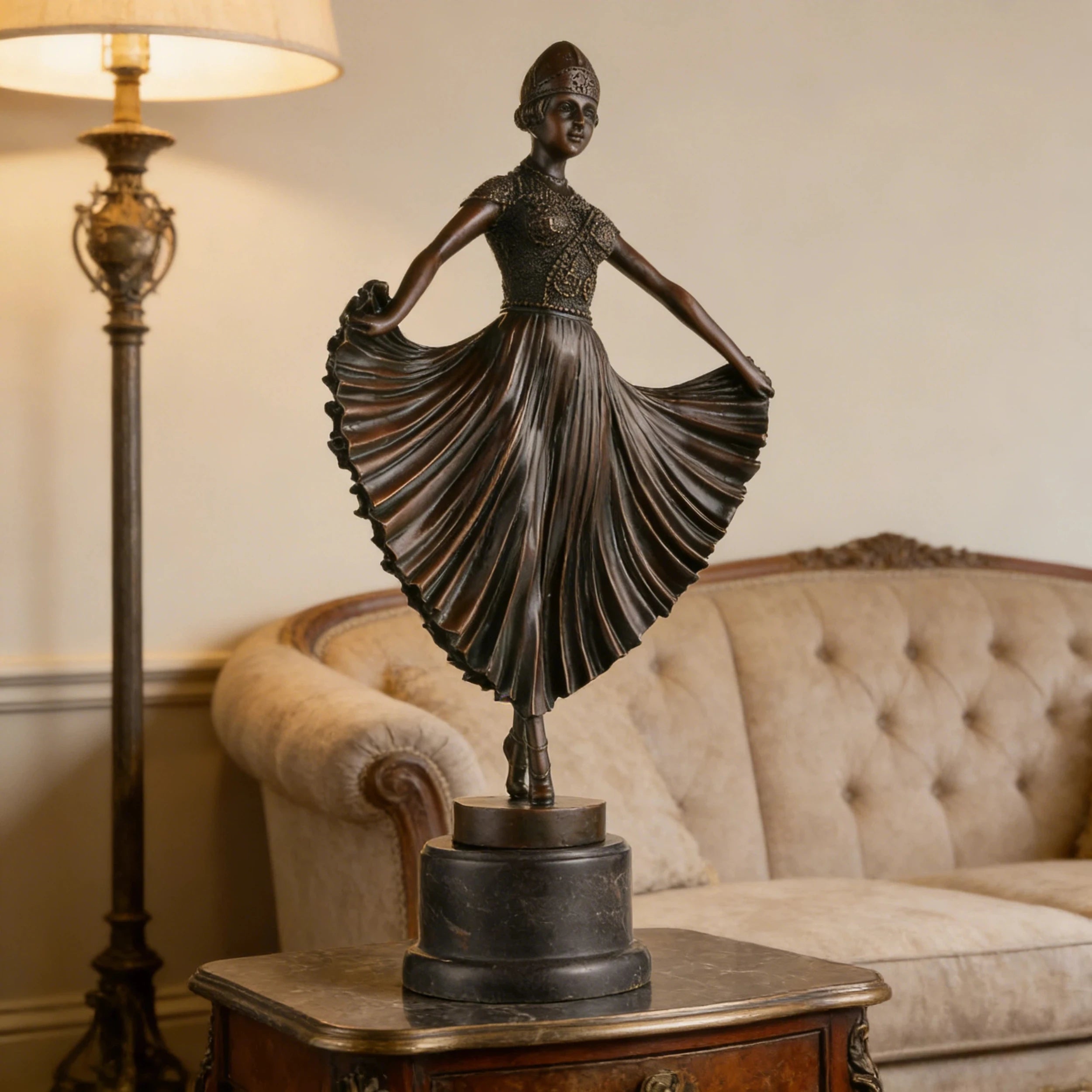 Art Deco ballerina bronze statue Chiparus style dancer with pleated skirt