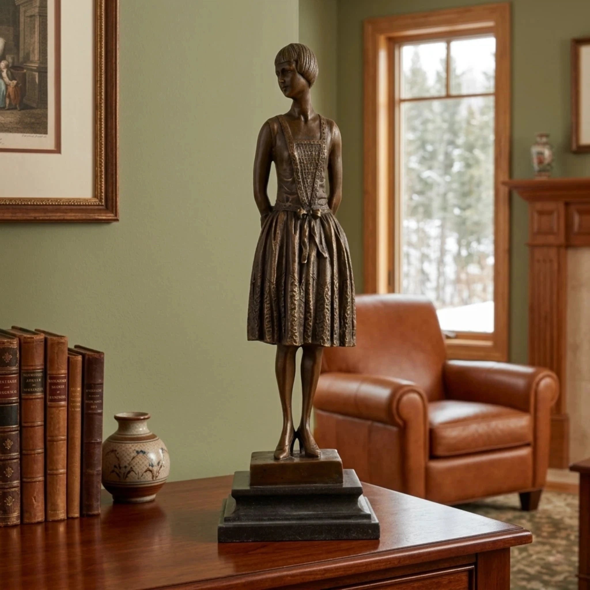 Elegant Art Deco bronze flapper girl sculpture with vintage 1920s style and marble base. A timeless decorative statue symbolizing elegance, freedom, and sophistication.