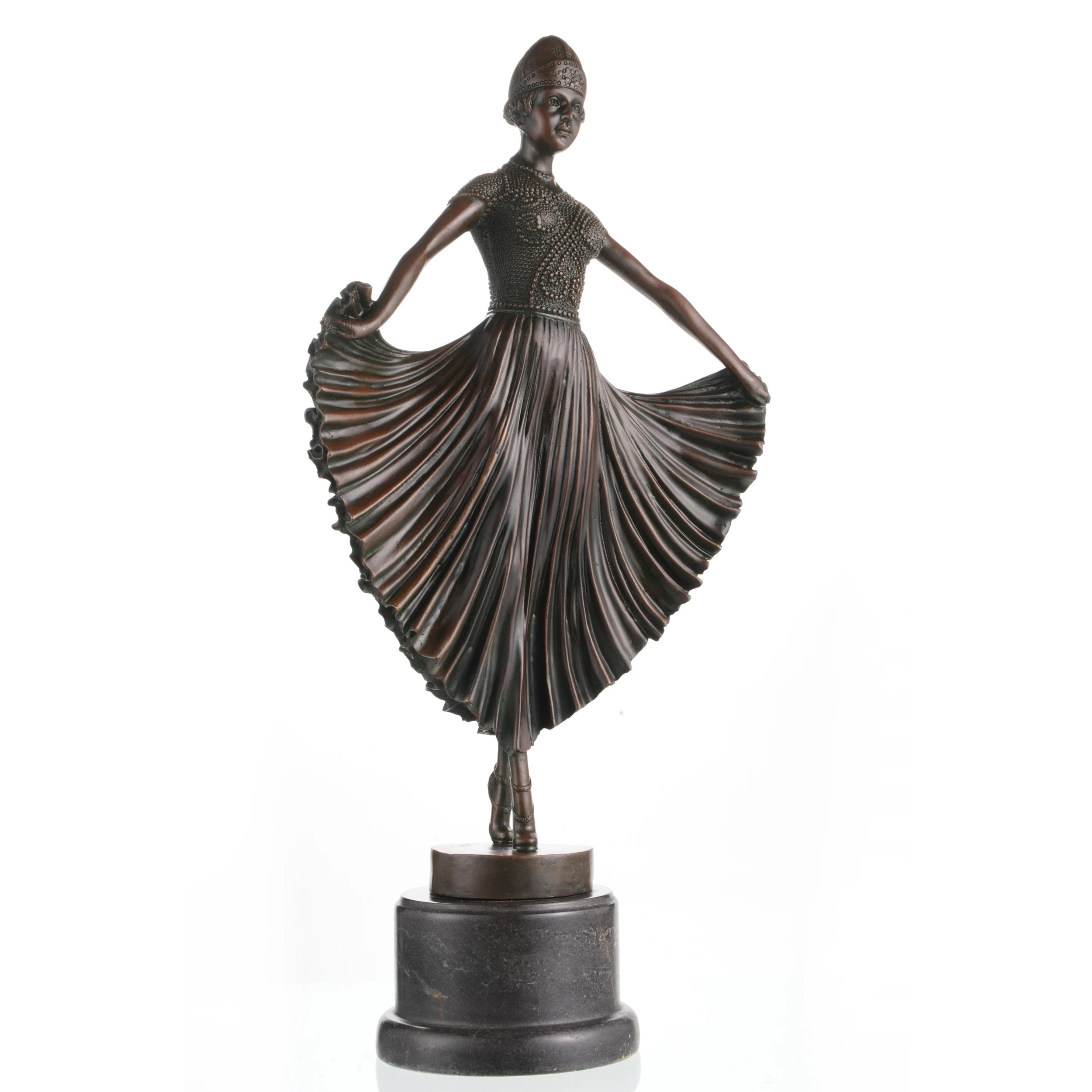 Art Deco bronze ballerina sculpture en pointe, Chiparus style dancer statue with pleated skirt on black marble base.