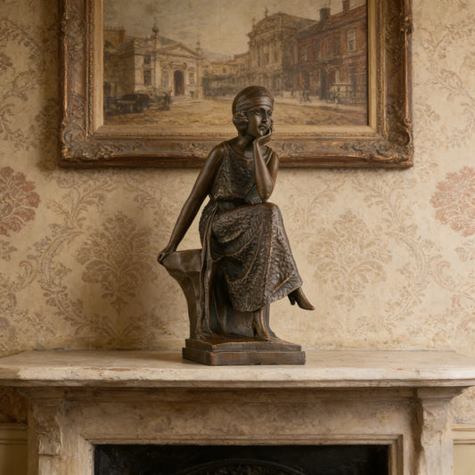 Art Deco flapper bronze sculpture 1920s seated lady statue with cloche hat
