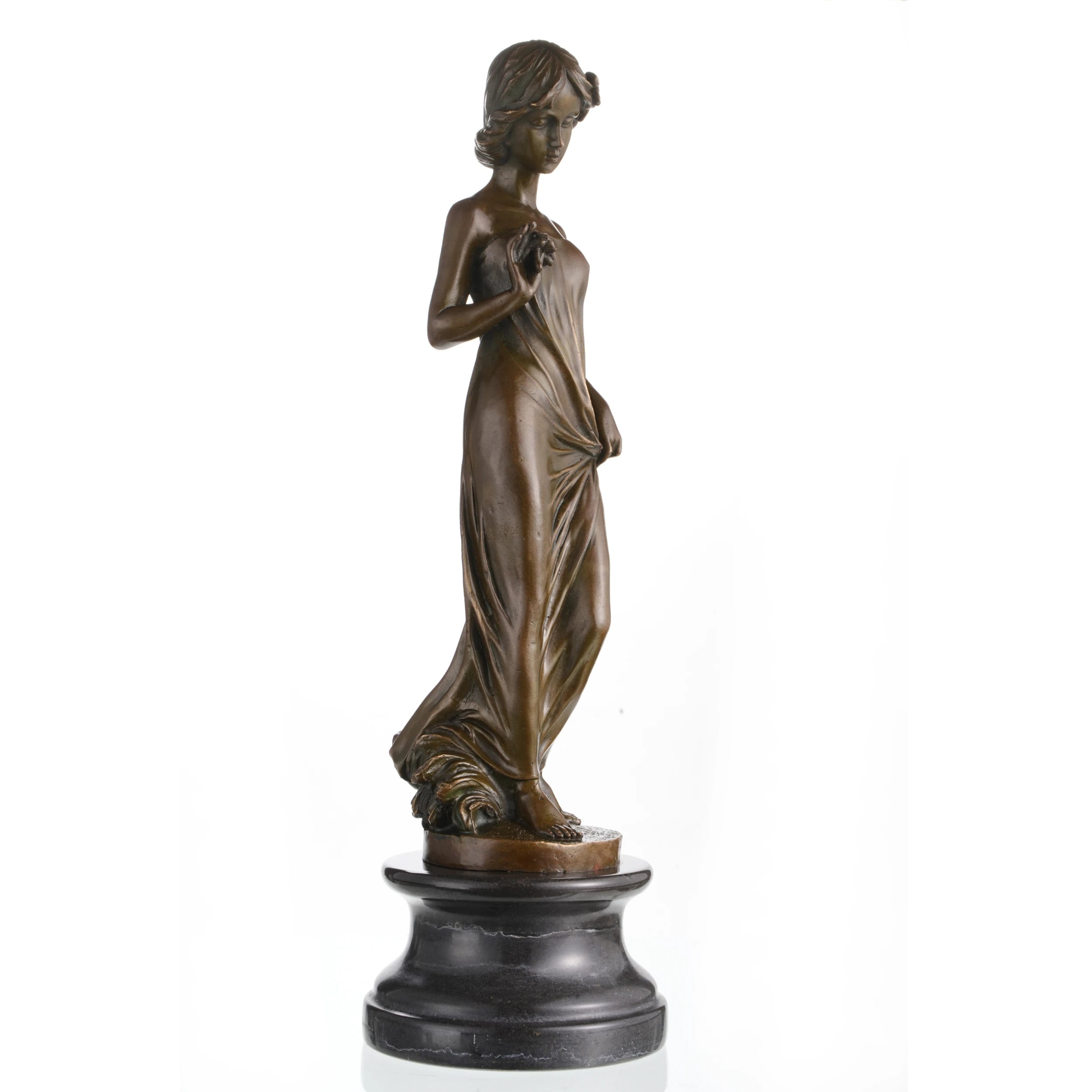 Art Nouveau bronze maiden sculpture with flowing sheer dress on black marble base, romantic bedroom decor art.
