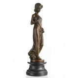 Art Nouveau bronze maiden sculpture with flowing sheer dress on black marble base, romantic bedroom decor art.