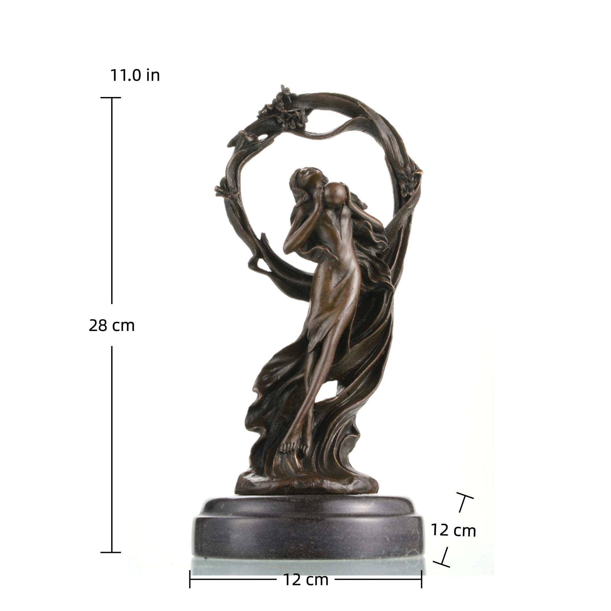 Art Nouveau bronze female sculpture holding an orb, ethereal maiden statue with billowing gown and floral arch on black marble base, loss wax casting fine art.