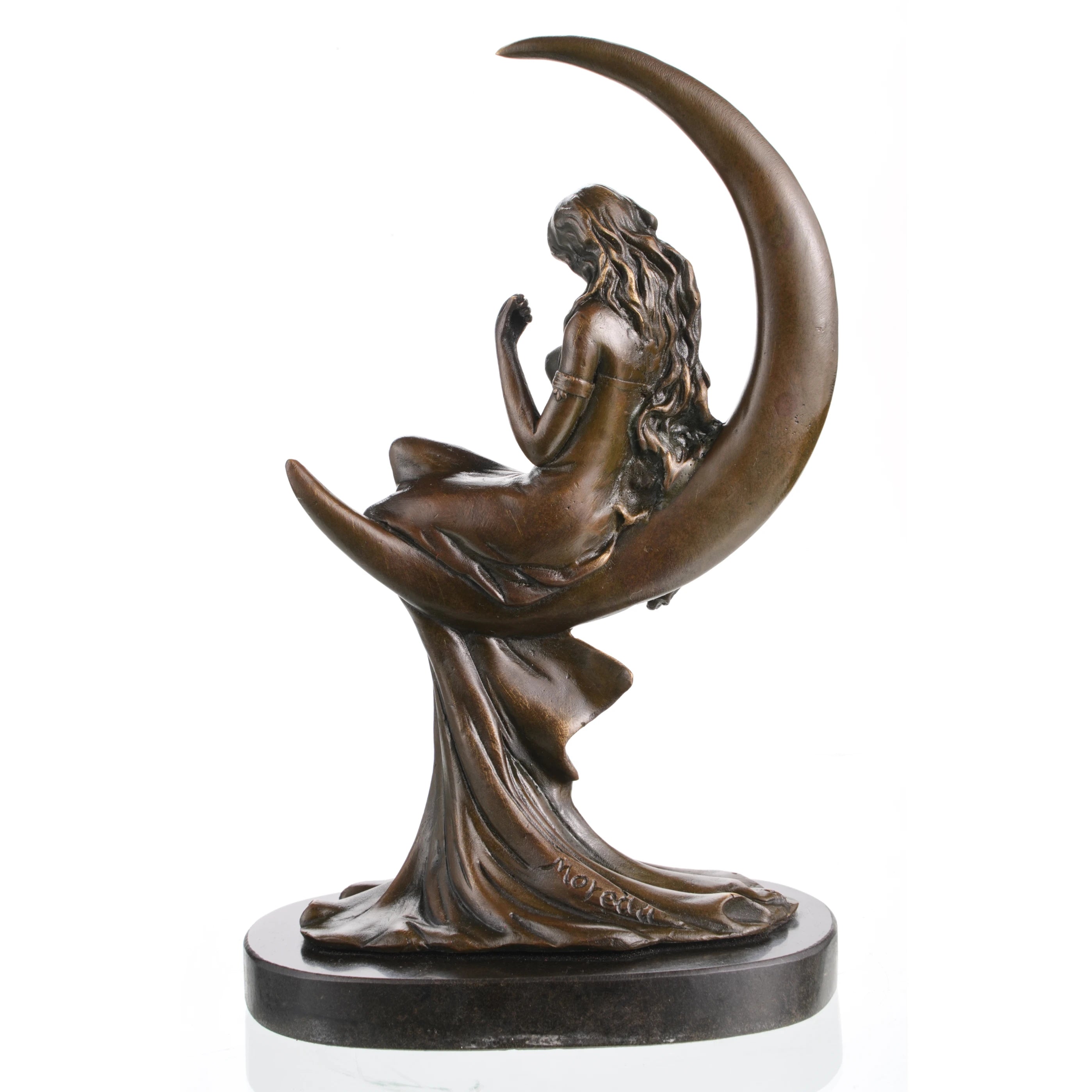 Dreamy Art Nouveau bronze sculpture of a moon goddess seated on a crescent moon. A romantic decorative piece symbolizing femininity, serenity, and fantasy.