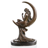 Dreamy Art Nouveau bronze sculpture of a moon goddess seated on a crescent moon. A romantic decorative piece symbolizing femininity, serenity, and fantasy.