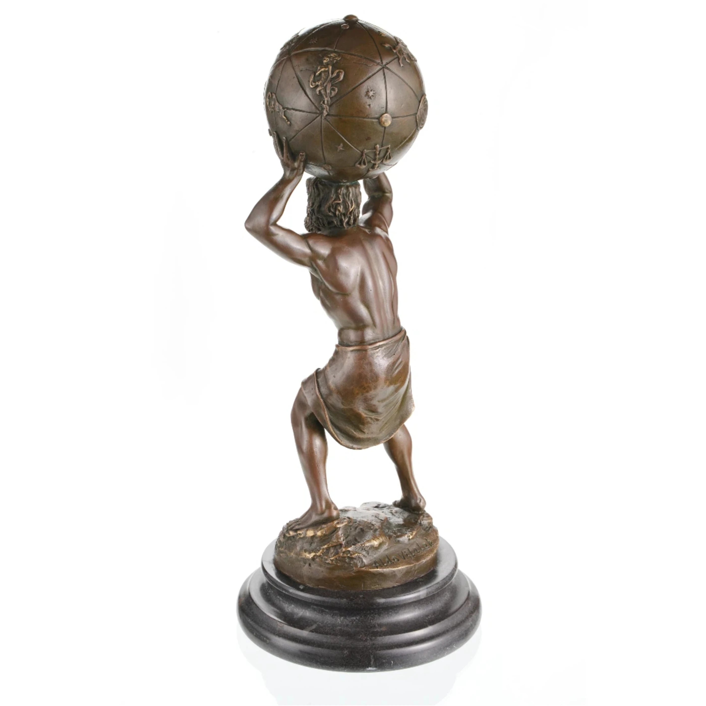 Bronze Atlas holding celestial sphere statue on marble base