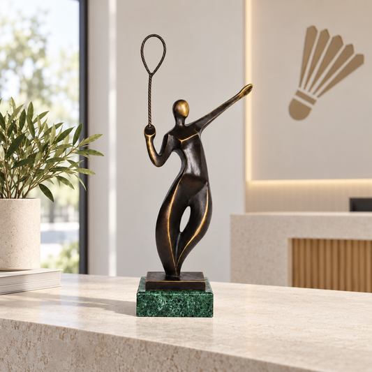 Abstract bronze badminton player statue with racket displayed as modern sports and office decor
