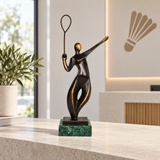 Abstract bronze badminton player statue with racket displayed as modern sports and office decor