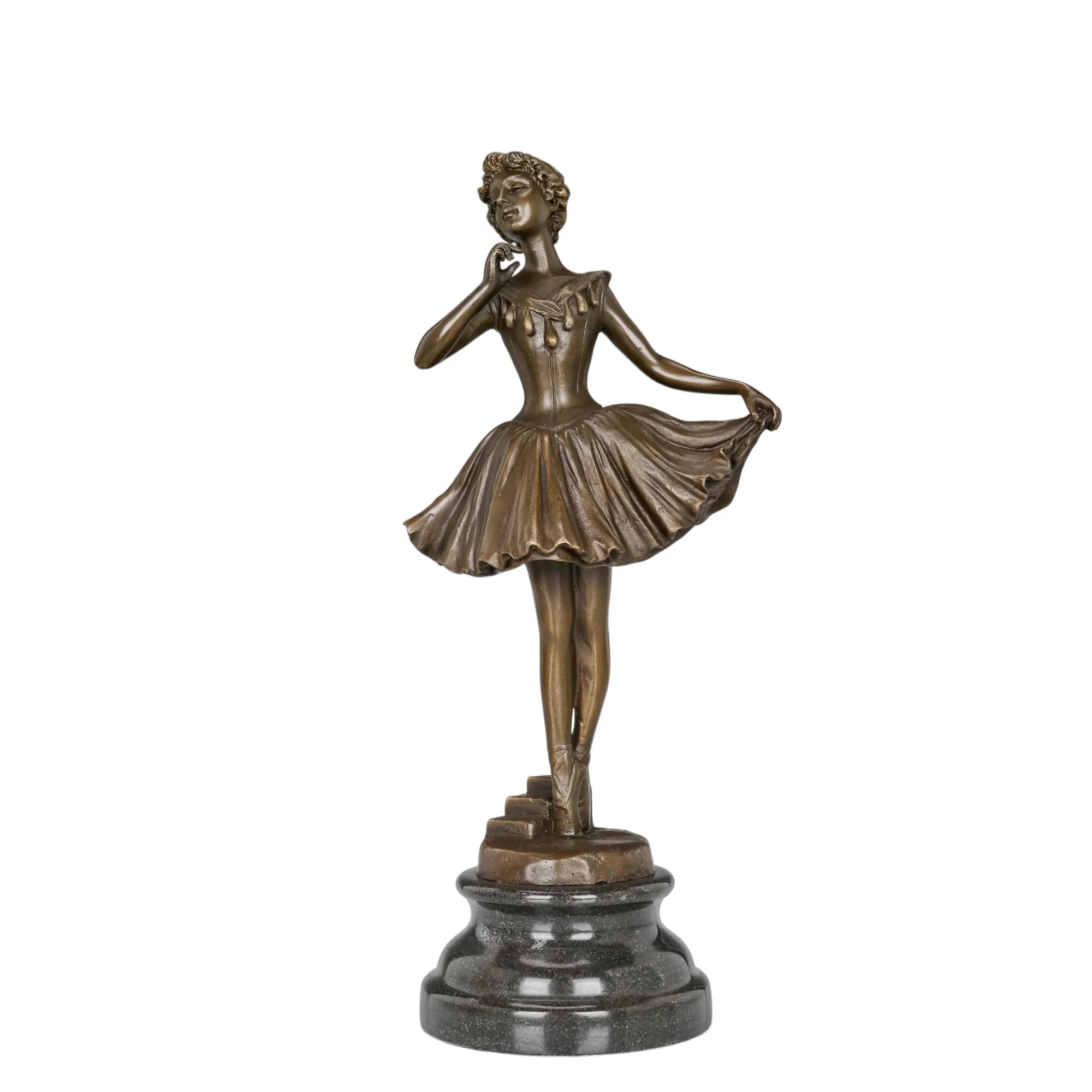 Front view of ballerina holding dress bronze sculpture with a flowing skirt