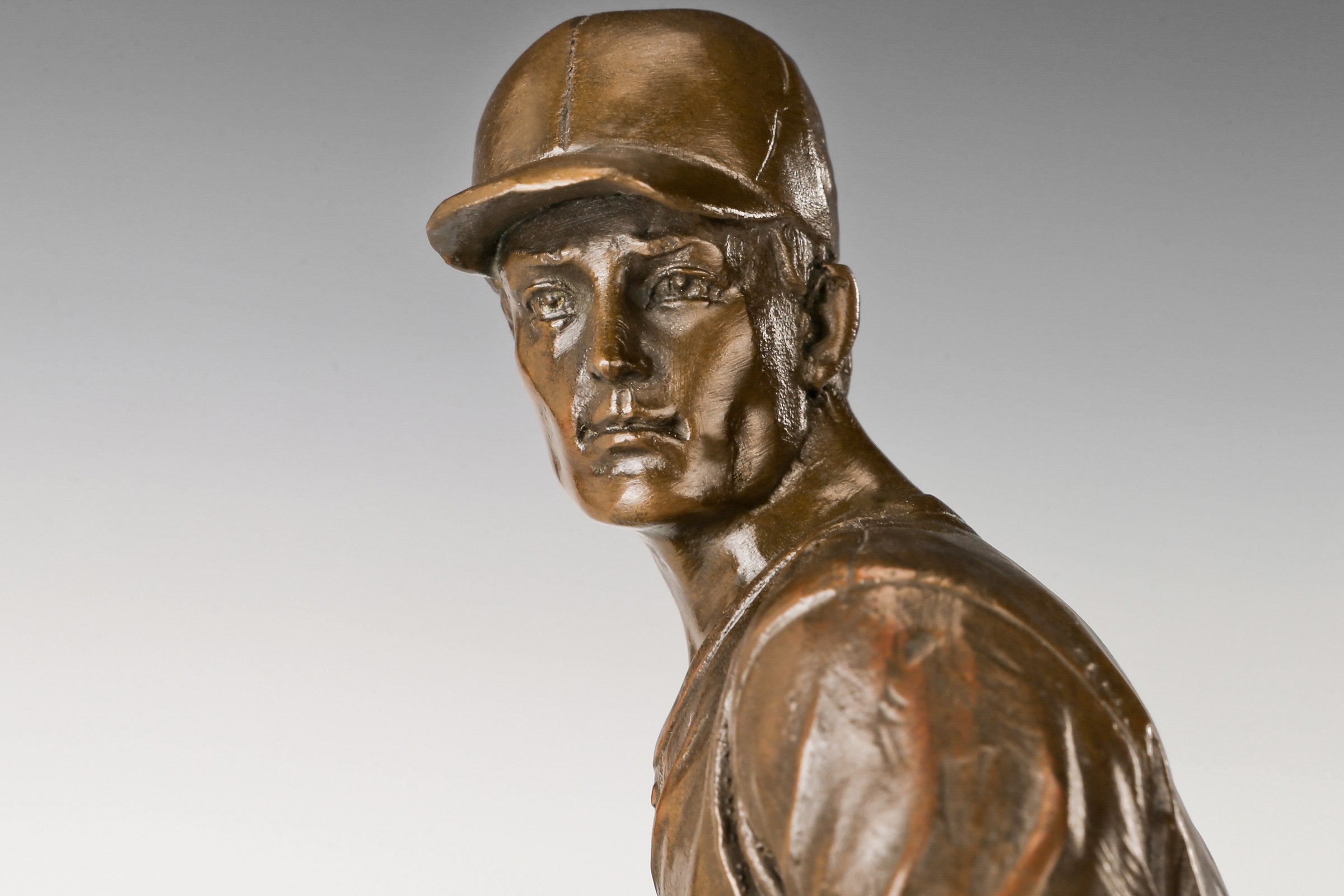 Baseball Pitcher bronze sculpture, face and patina detail