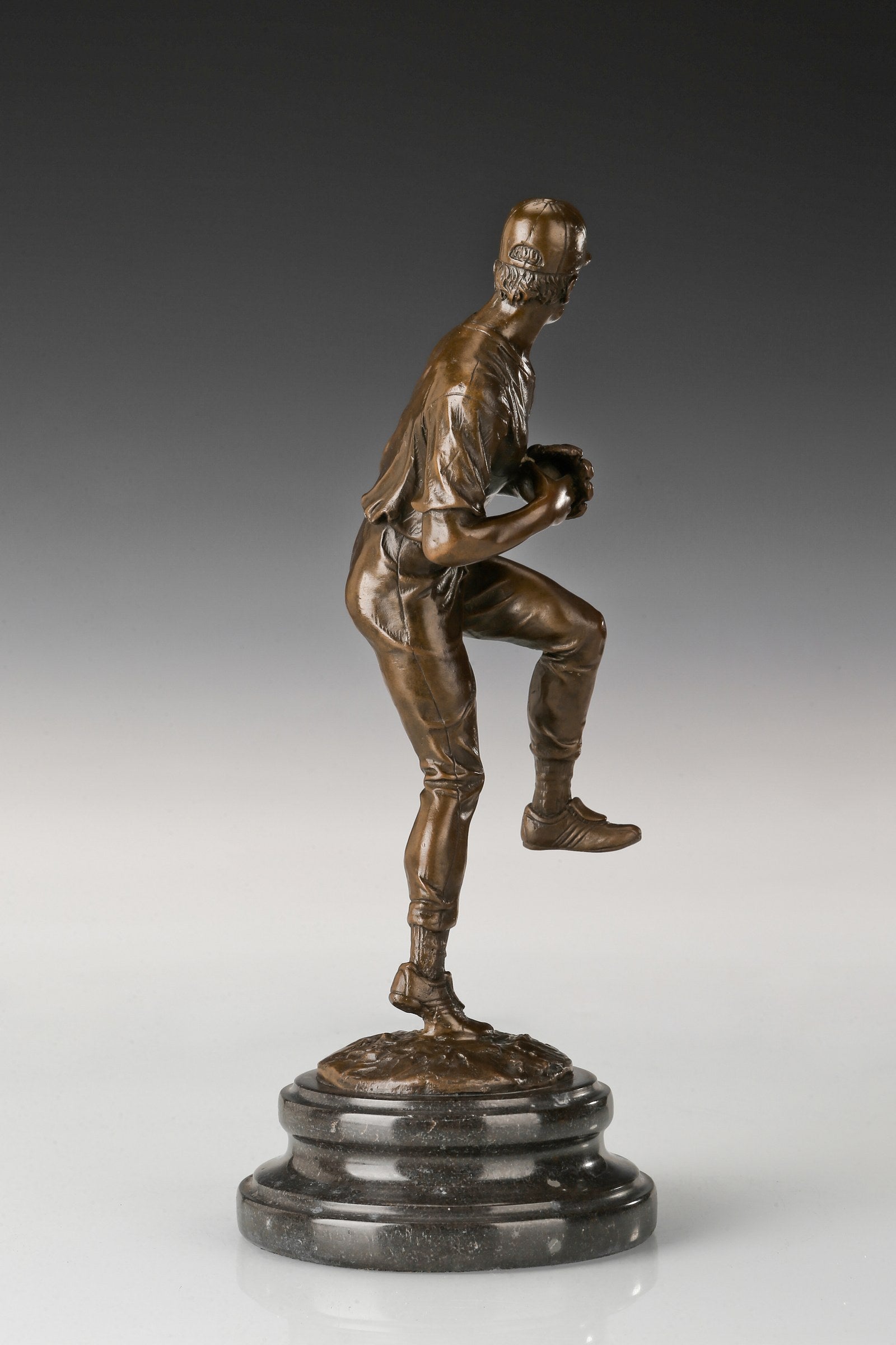 Baseball Pitcher bronze sculpture, opposite-angle studio view