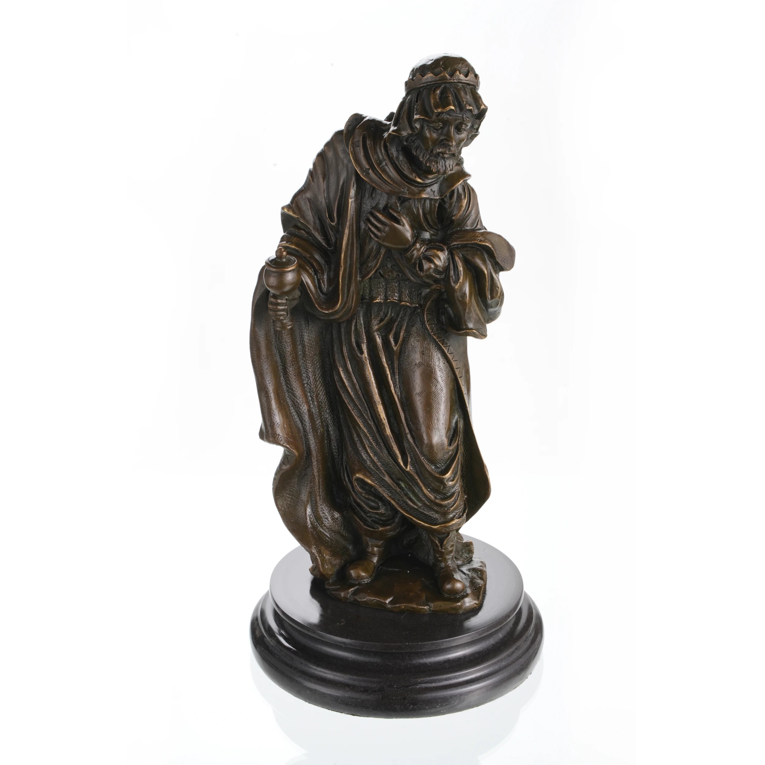 Biblical Magus bronze sculpture  with marble base, wise man holding ceremonial vessel