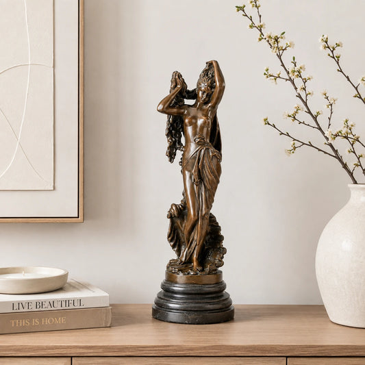 Birth of Venus bronze sculpture displayed as elegant classical home decor in a refined interior